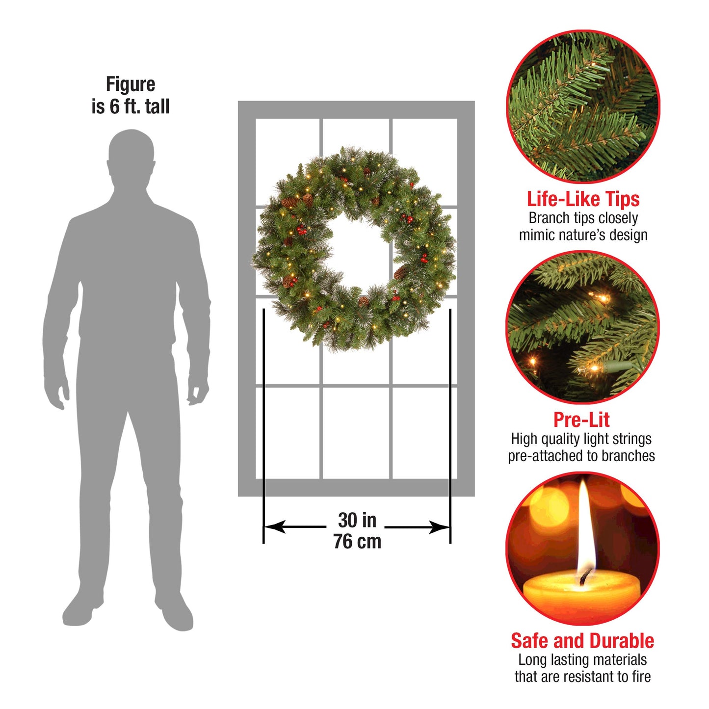 National Tree Company 24 in Pre-Lit Crestwood Spruce Artificial Christmas Wreath, Christmas Decoration with Glitter, Pinecones, Red Berries, 50 Clear LED Lights, 160 Tips, Timer, Green