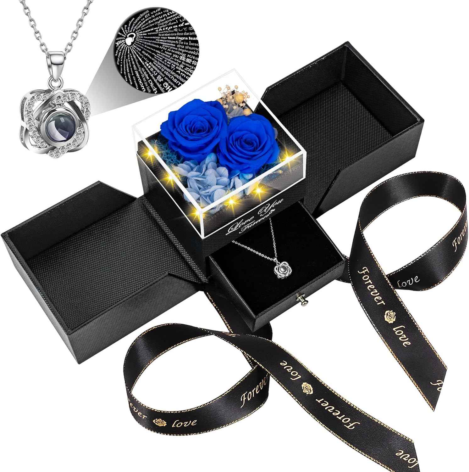 Preserved Red Real Rose with Heart I Love You Necklace -Eternal Flowers Rose Birthday Gifts for Women Her Mom Wife Girlfriend Grandma on Valentines Mothers Day Christmas Anniversary Romantic-Red