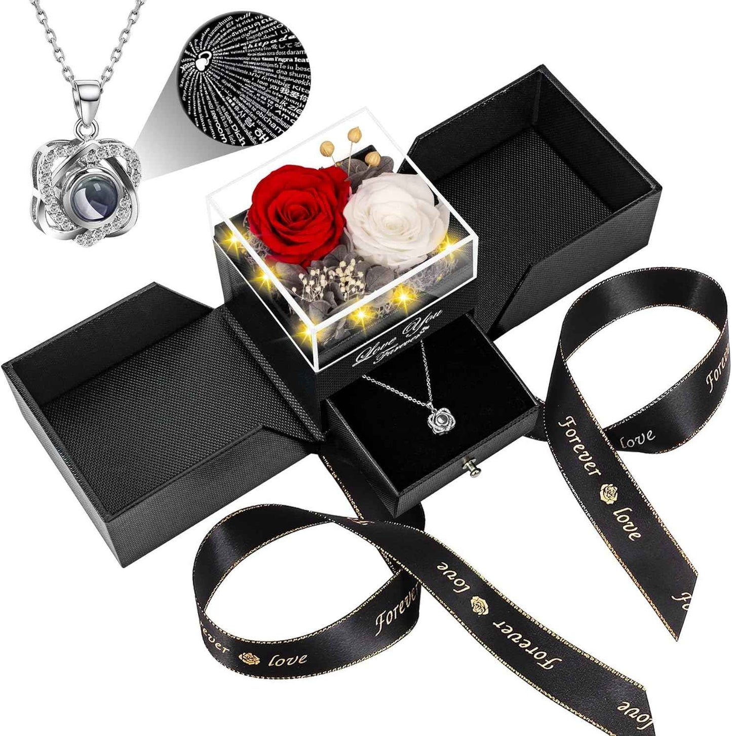 Preserved Red Real Rose with Heart I Love You Necklace -Eternal Flowers Rose Birthday Gifts for Women Her Mom Wife Girlfriend Grandma on Valentines Mothers Day Christmas Anniversary Romantic-Red