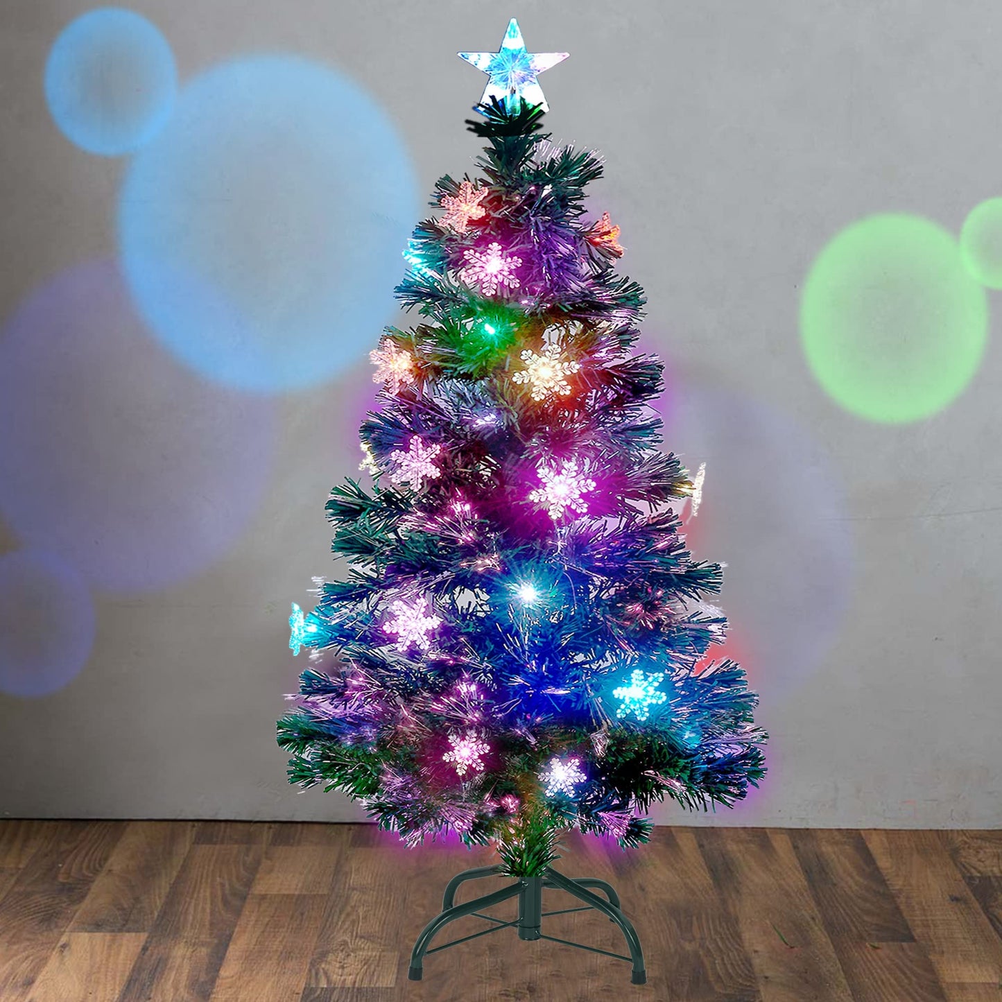 Juegoal 7 ft Pre-Lit Optical Fiber Christmas Artificial Tree, with LED RGB Color Changing Led Lights, Snowflakes and Top Star, Festive Party Holiday Fake Multicolor Xmas Tree with Sturdy Metal Legs