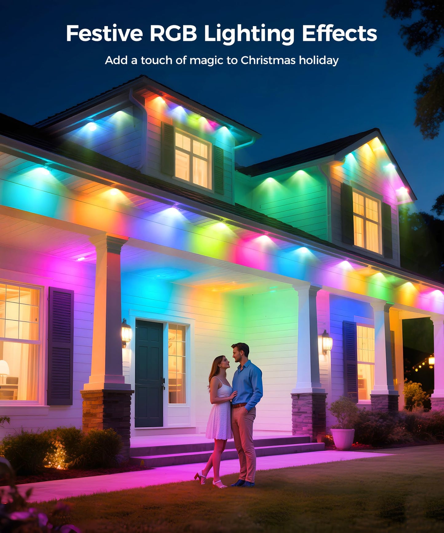 POOFZY Permanent Outdoor Lights for House,200ft RGB+IC Smart Outdoor Decor, 50 Scene Modes,App/Remote Control,IP67 Waterproof,for Christmas,Halloween,Daily & Holiday Party Decor,House Roof Lighting