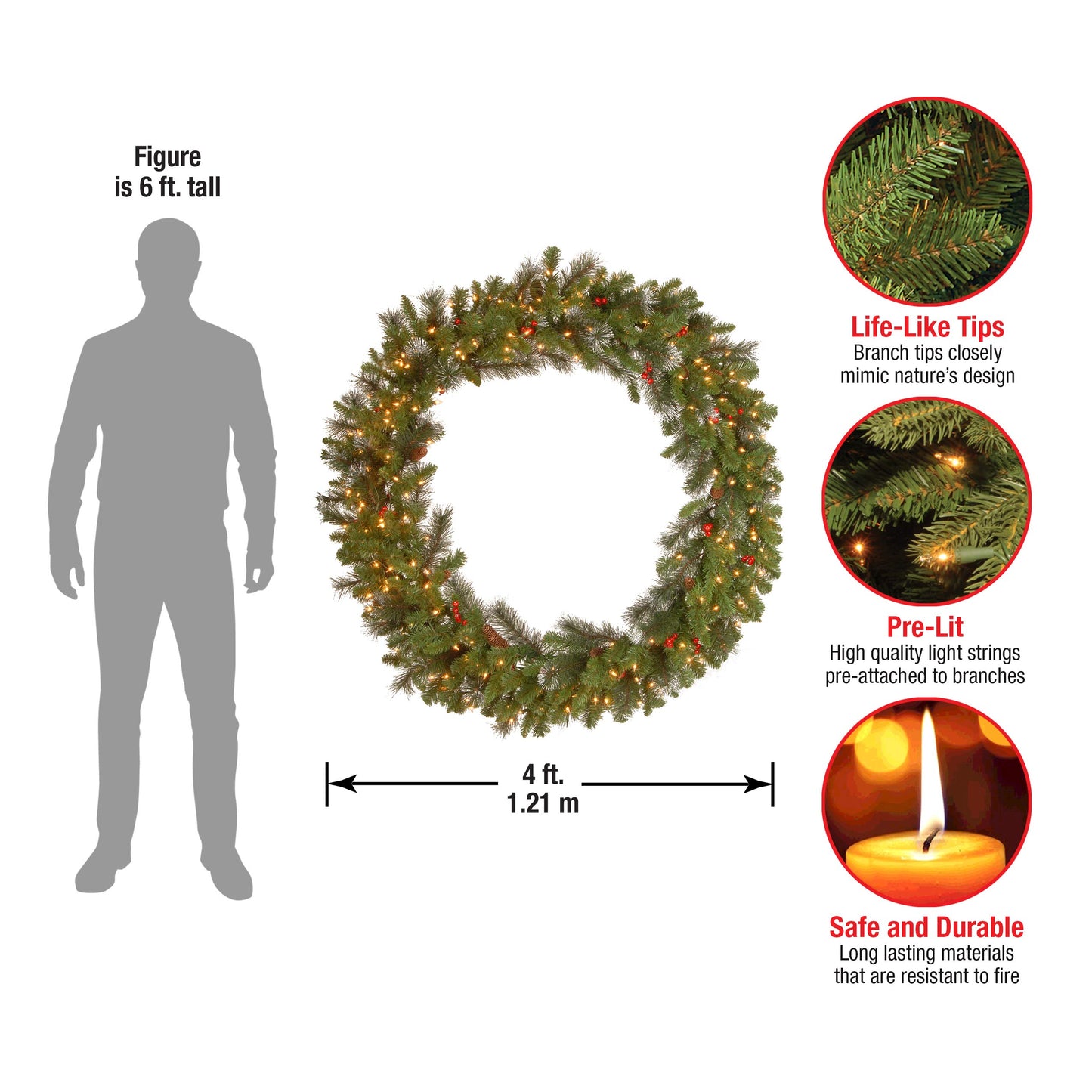National Tree Company 24 in Pre-Lit Crestwood Spruce Artificial Christmas Wreath, Christmas Decoration with Glitter, Pinecones, Red Berries, 50 Clear LED Lights, 160 Tips, Timer, Green