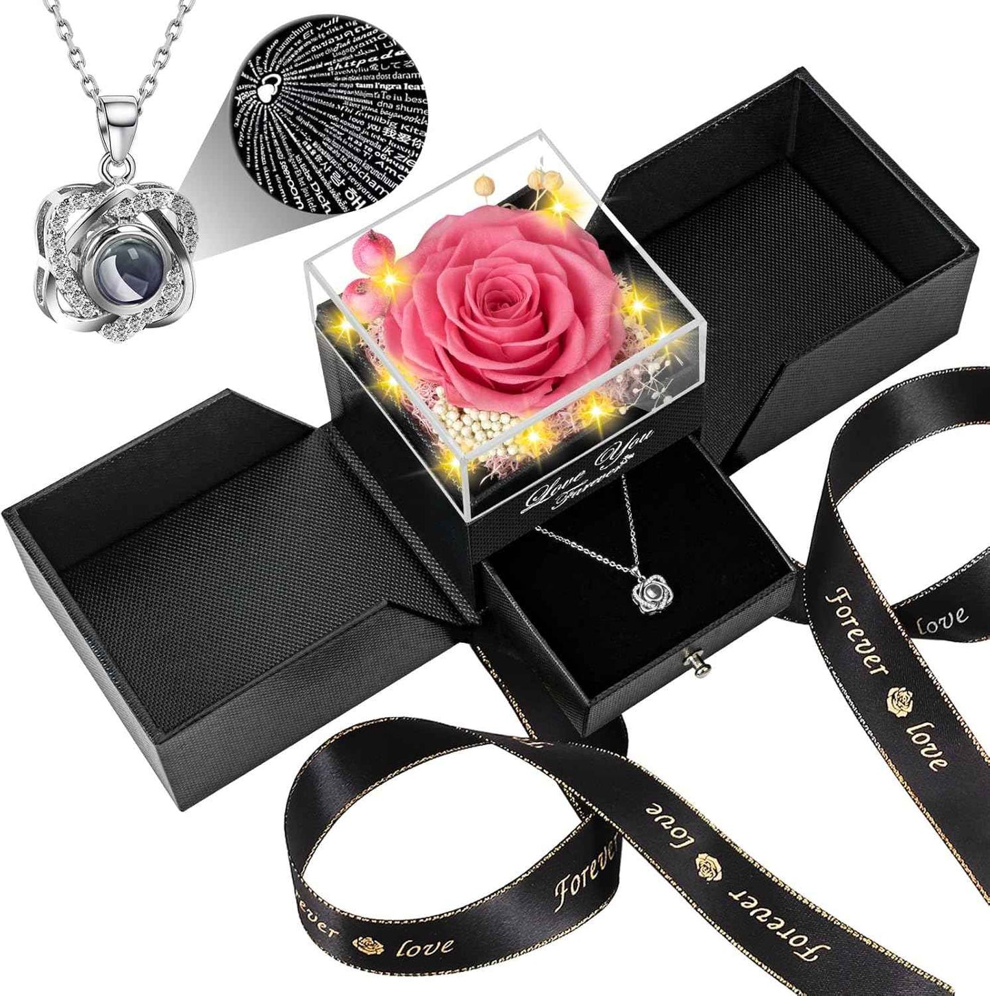 Preserved Red Real Rose with Heart I Love You Necklace -Eternal Flowers Rose Birthday Gifts for Women Her Mom Wife Girlfriend Grandma on Valentines Mothers Day Christmas Anniversary Romantic-Red