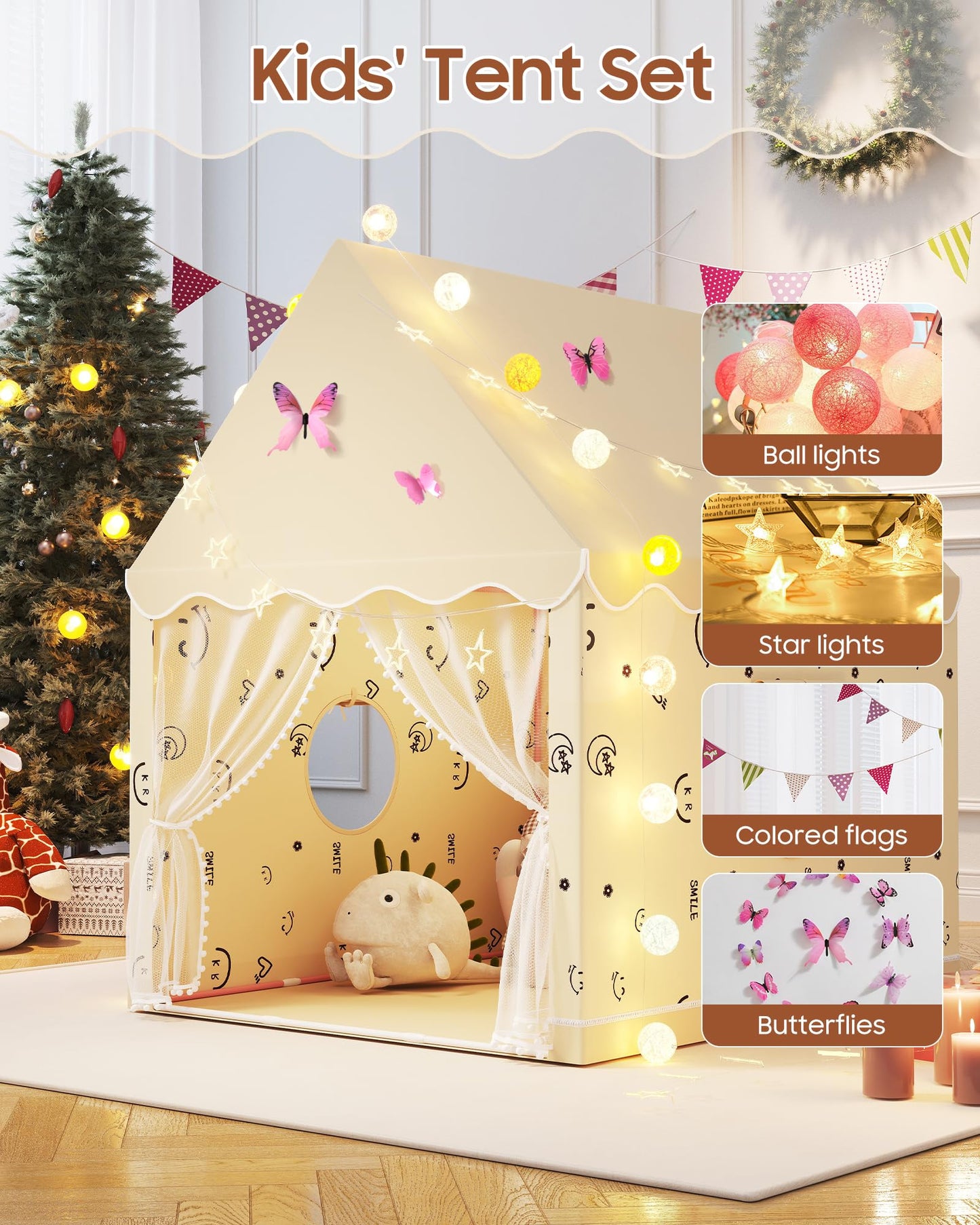 Kids Play Tent, Princess Tent Indoor Playhouse Set with Star Lights, Ball Lights, Colorful Flags, Butterflies - Pink Tents for Kids Toddle Castle for Girls Toy House Gift