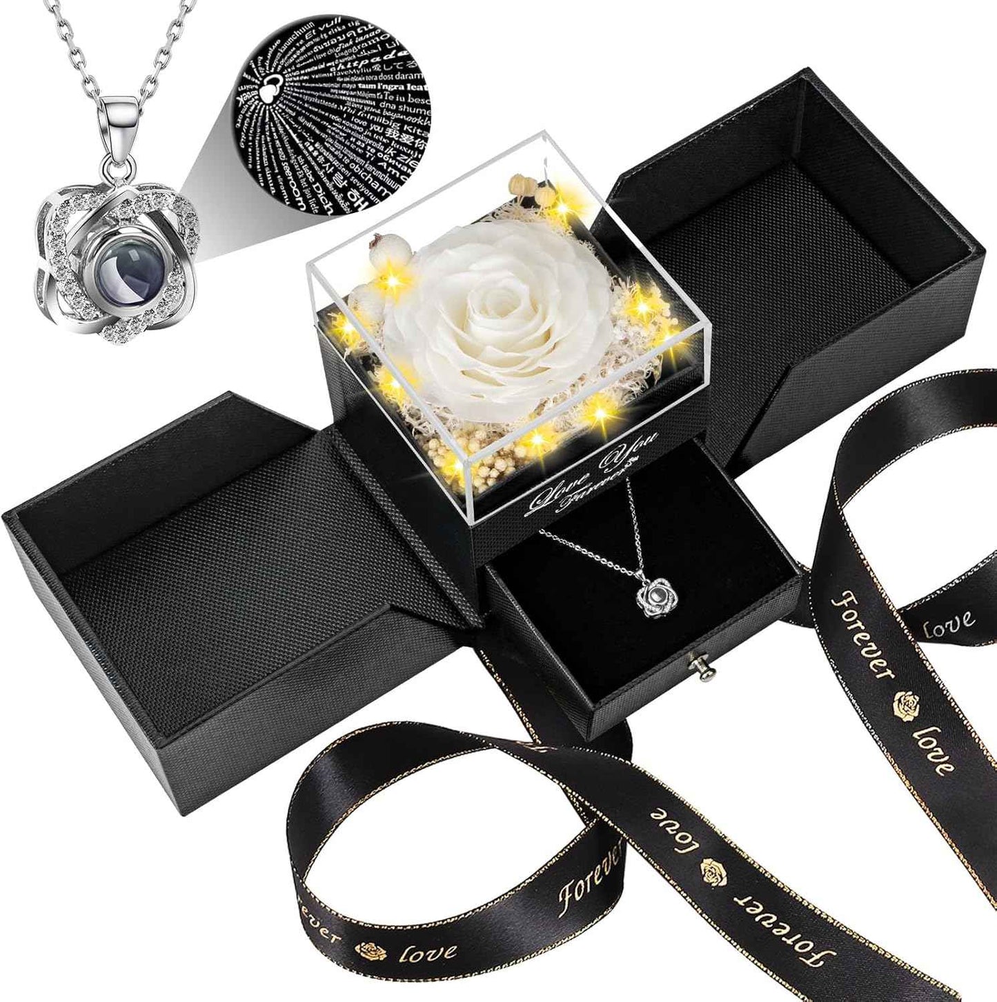 Preserved Red Real Rose with Heart I Love You Necklace -Eternal Flowers Rose Birthday Gifts for Women Her Mom Wife Girlfriend Grandma on Valentines Mothers Day Christmas Anniversary Romantic-Red