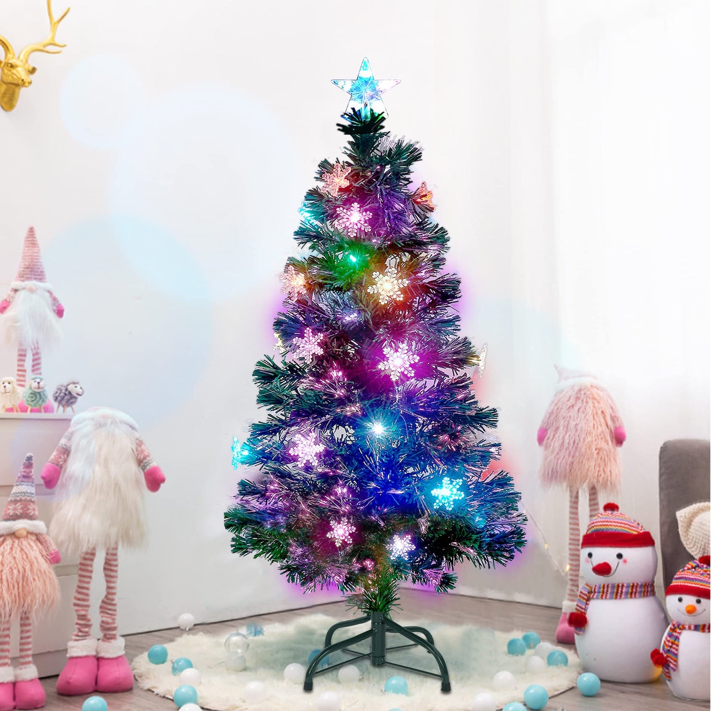 Juegoal 7 ft Pre-Lit Optical Fiber Christmas Artificial Tree, with LED RGB Color Changing Led Lights, Snowflakes and Top Star, Festive Party Holiday Fake Multicolor Xmas Tree with Sturdy Metal Legs