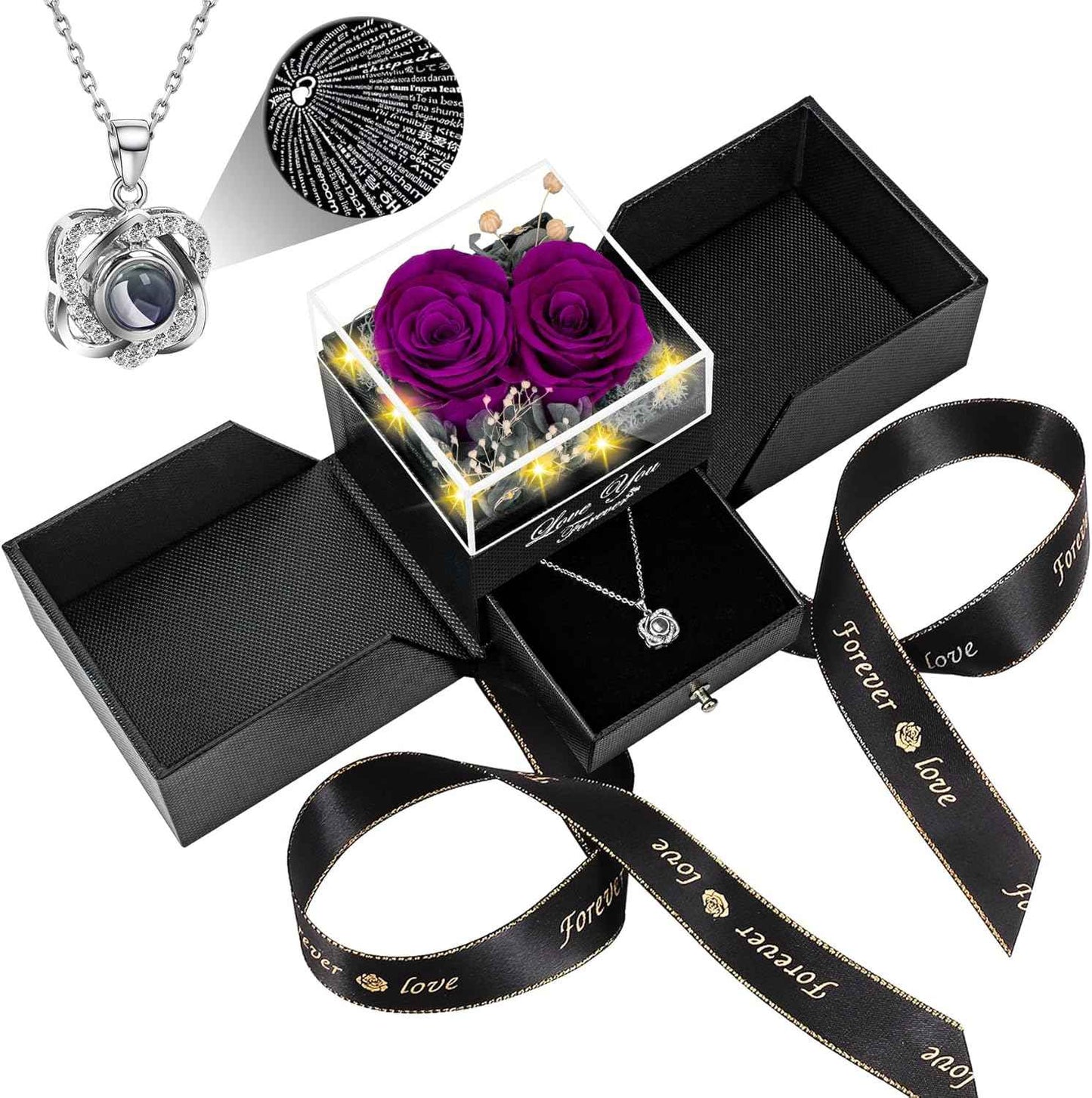 Preserved Red Real Rose with Heart I Love You Necklace -Eternal Flowers Rose Birthday Gifts for Women Her Mom Wife Girlfriend Grandma on Valentines Mothers Day Christmas Anniversary Romantic-Red