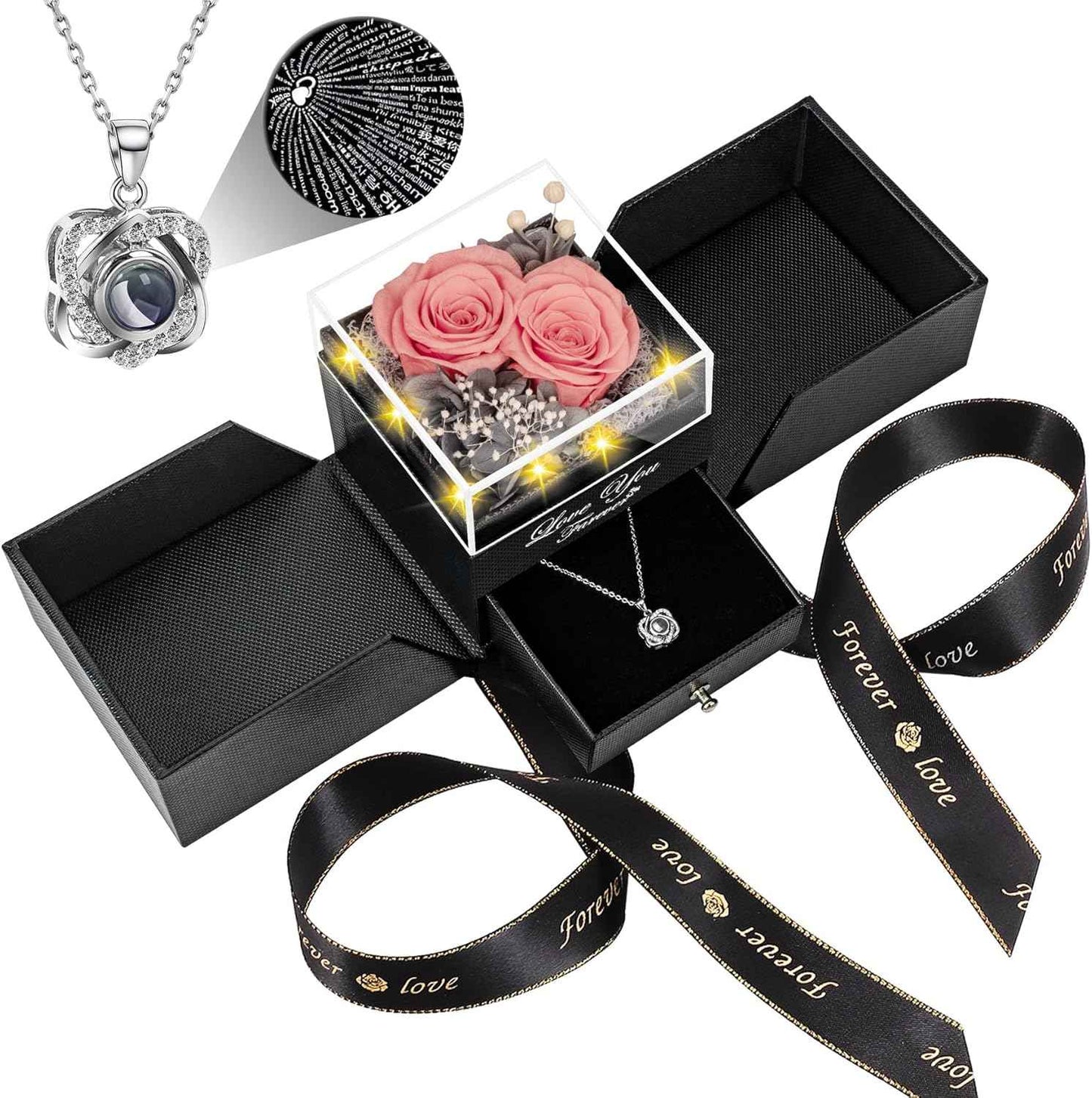 Preserved Red Real Rose with Heart I Love You Necklace -Eternal Flowers Rose Birthday Gifts for Women Her Mom Wife Girlfriend Grandma on Valentines Mothers Day Christmas Anniversary Romantic-Red