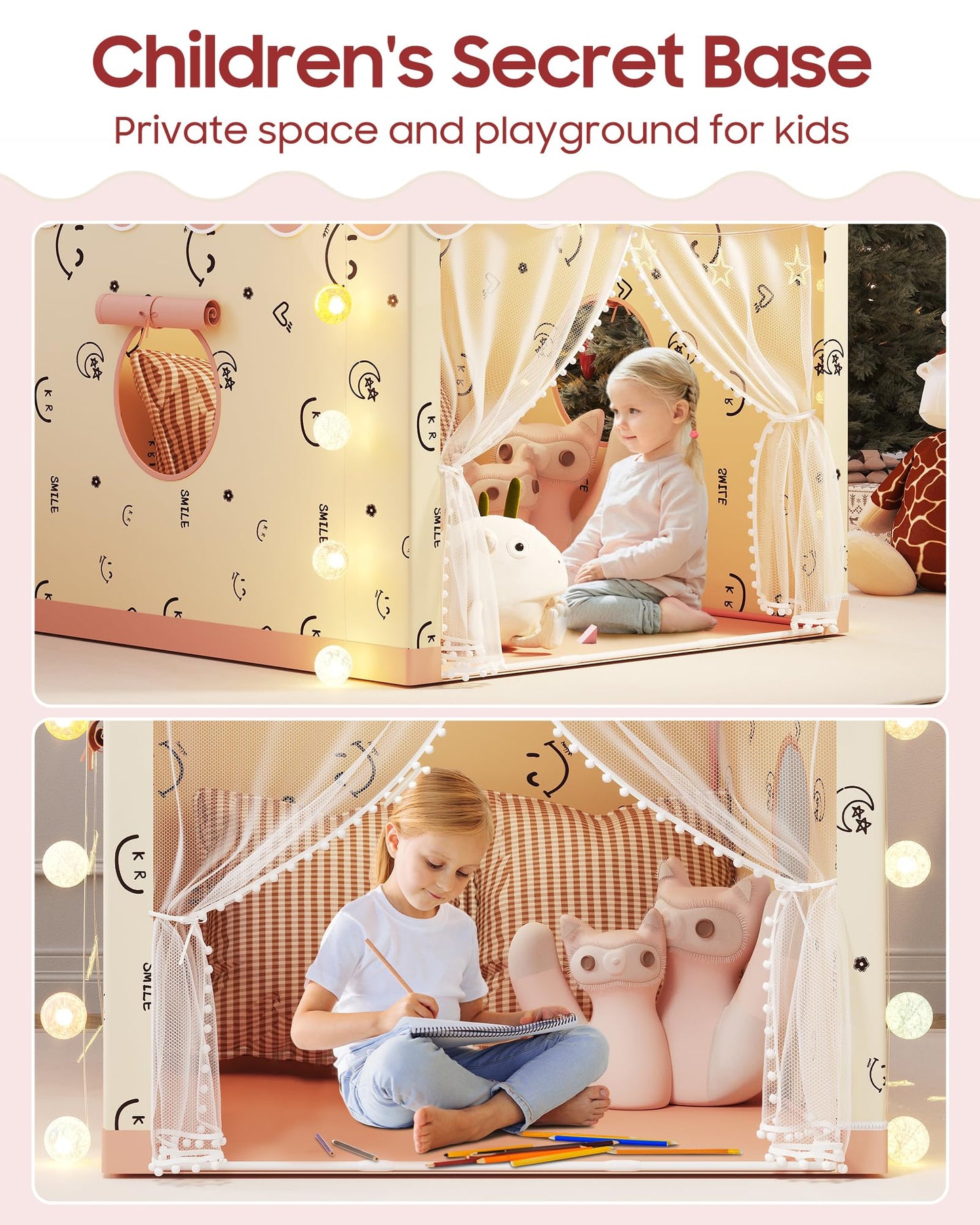Kids Play Tent, Princess Tent Indoor Playhouse Set with Star Lights, Ball Lights, Colorful Flags, Butterflies - Pink Tents for Kids Toddle Castle for Girls Toy House Gift