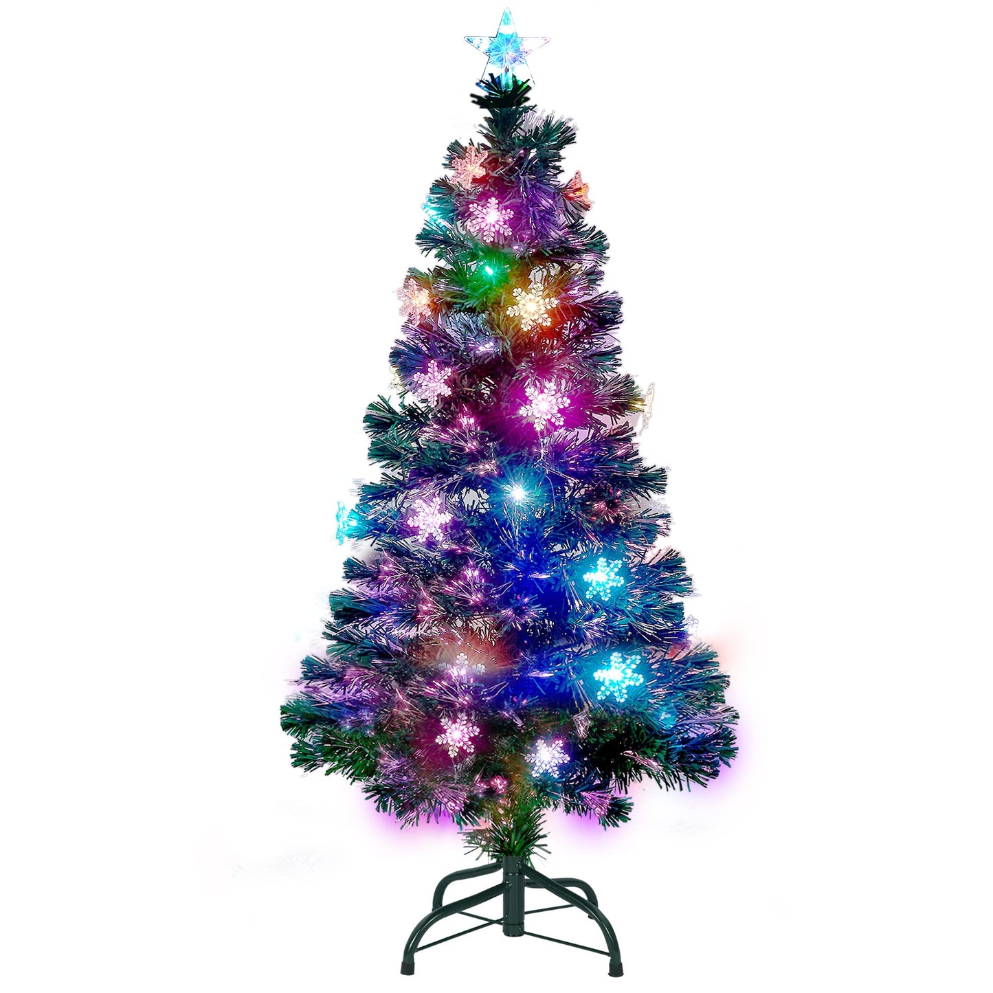 Juegoal 7 ft Pre-Lit Optical Fiber Christmas Artificial Tree, with LED RGB Color Changing Led Lights, Snowflakes and Top Star, Festive Party Holiday Fake Multicolor Xmas Tree with Sturdy Metal Legs