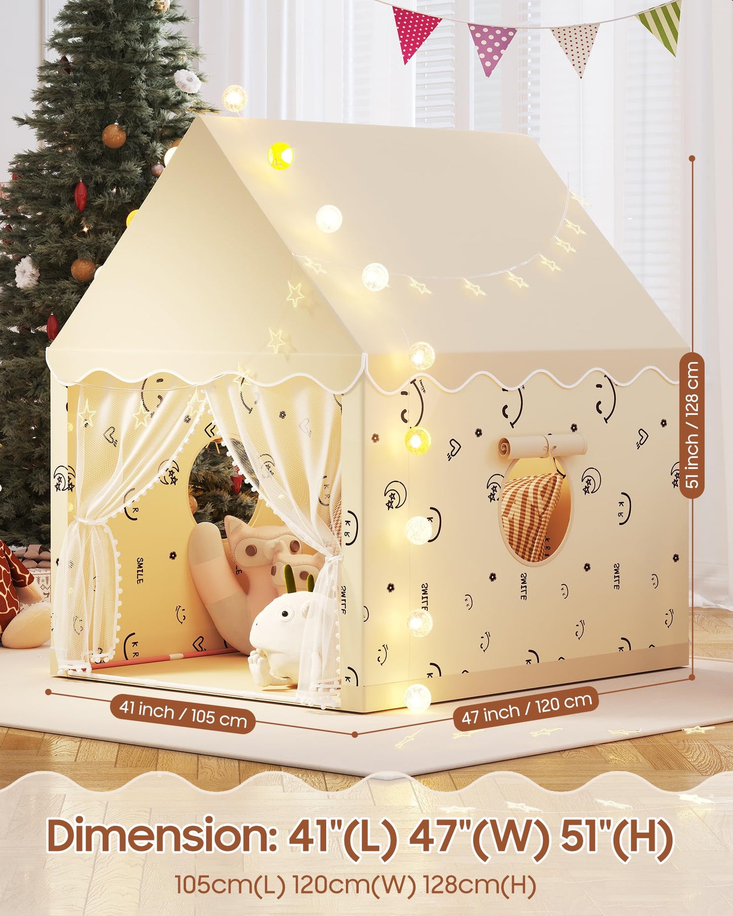 Kids Play Tent, Princess Tent Indoor Playhouse Set with Star Lights, Ball Lights, Colorful Flags, Butterflies - Pink Tents for Kids Toddle Castle for Girls Toy House Gift