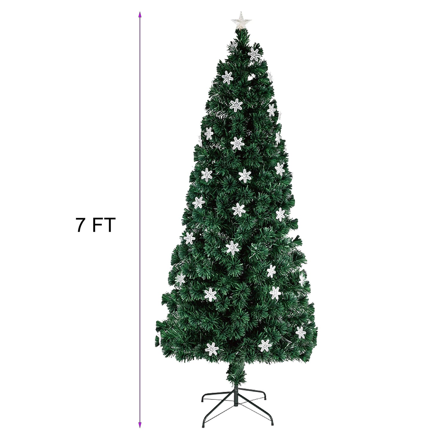 Juegoal 7 ft Pre-Lit Optical Fiber Christmas Artificial Tree, with LED RGB Color Changing Led Lights, Snowflakes and Top Star, Festive Party Holiday Fake Multicolor Xmas Tree with Sturdy Metal Legs