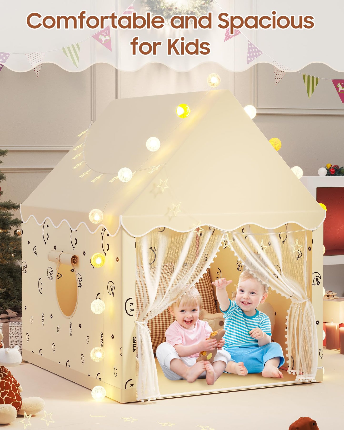 Kids Play Tent, Princess Tent Indoor Playhouse Set with Star Lights, Ball Lights, Colorful Flags, Butterflies - Pink Tents for Kids Toddle Castle for Girls Toy House Gift