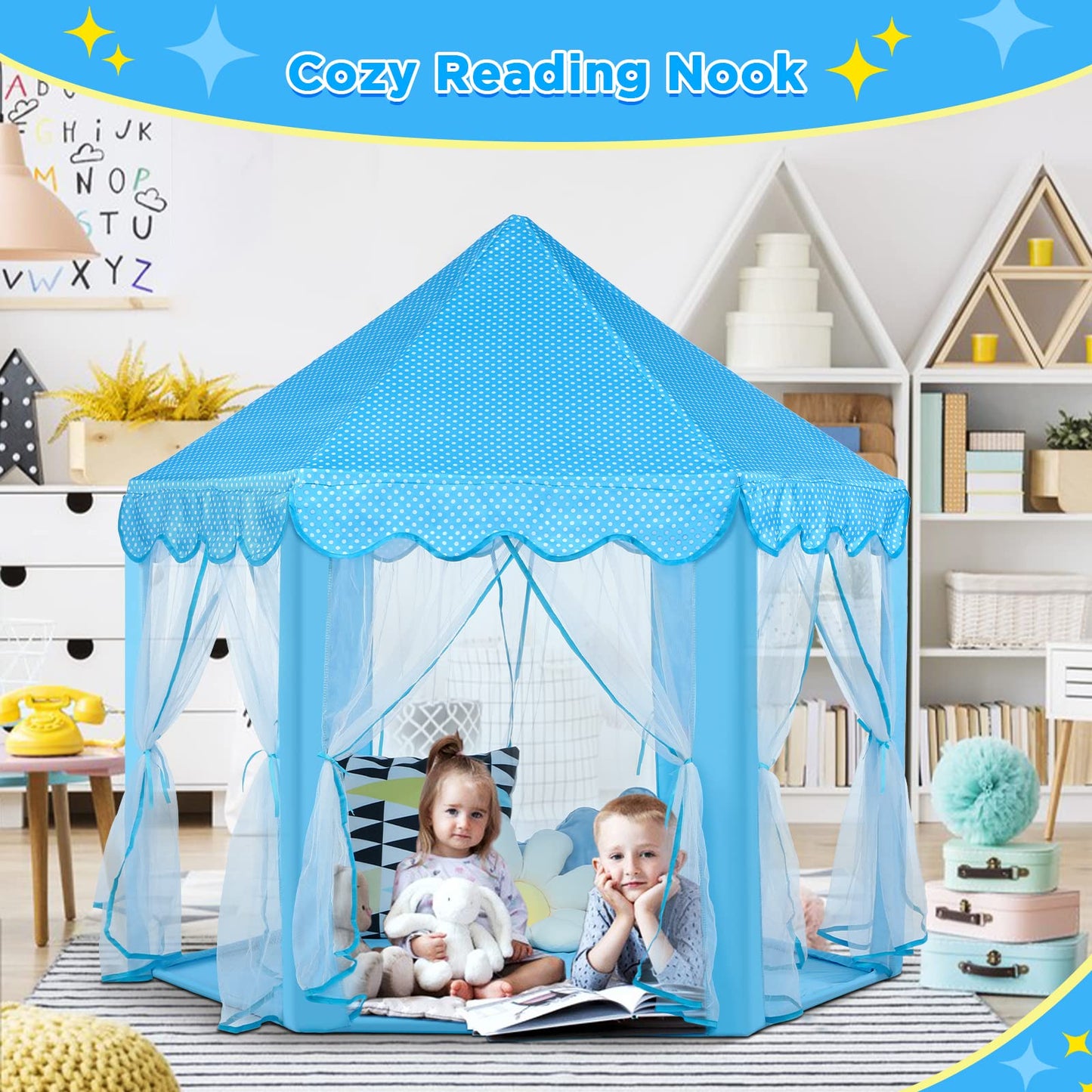 Monobeach Princess Tent Girls Large Playhouse Kids Castle Play Tent with Star Lights Toy for Children Indoor and Outdoor Games, 55'' x 53'' (DxH)