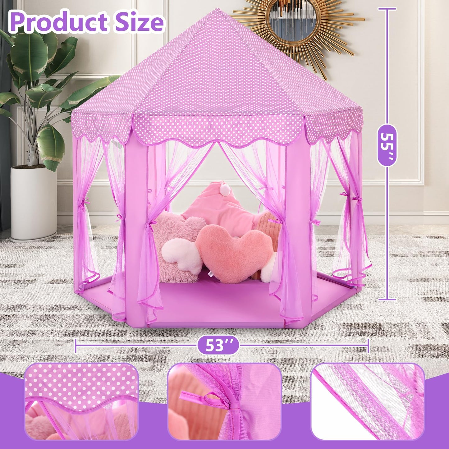 Monobeach Princess Tent Girls Large Playhouse Kids Castle Play Tent with Star Lights Toy for Children Indoor and Outdoor Games, 55'' x 53'' (DxH)