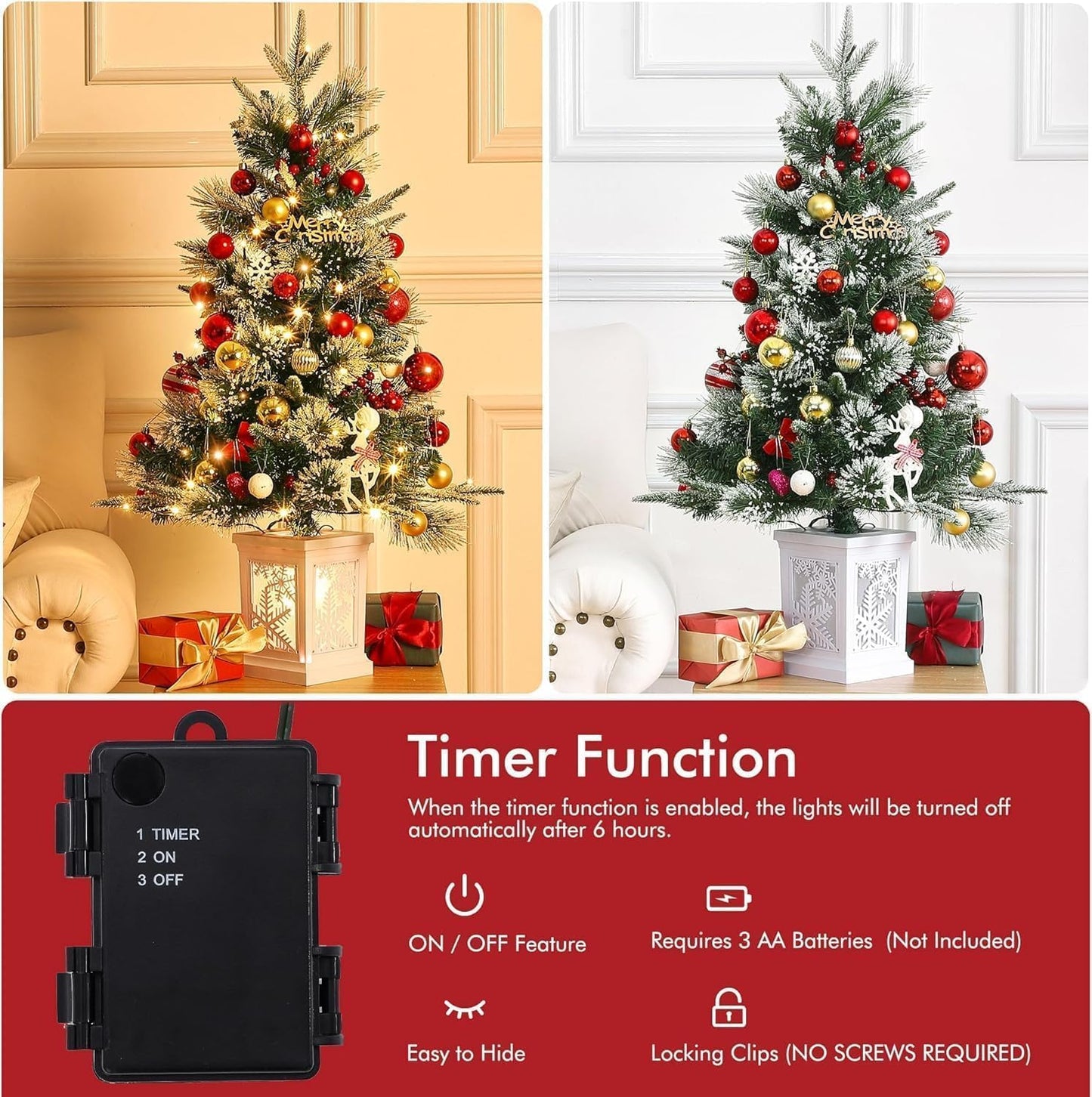 3 Ft Christmas Tree with 78 Led Lights, Pre-Lit Artificial Christmas Trees with Potted Base, Snow Flocked, 8 Lighting Modes, Xmas Tree for Home&Office Decor, Easy Installation (1PCS)