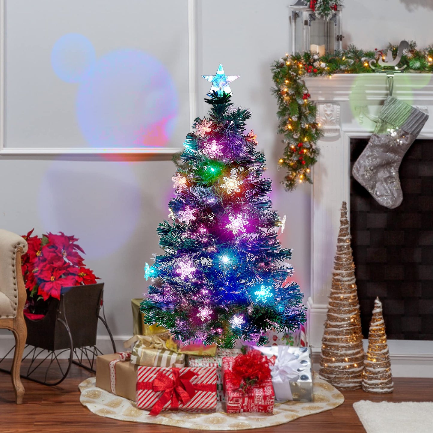 Juegoal 7 ft Pre-Lit Optical Fiber Christmas Artificial Tree, with LED RGB Color Changing Led Lights, Snowflakes and Top Star, Festive Party Holiday Fake Multicolor Xmas Tree with Sturdy Metal Legs