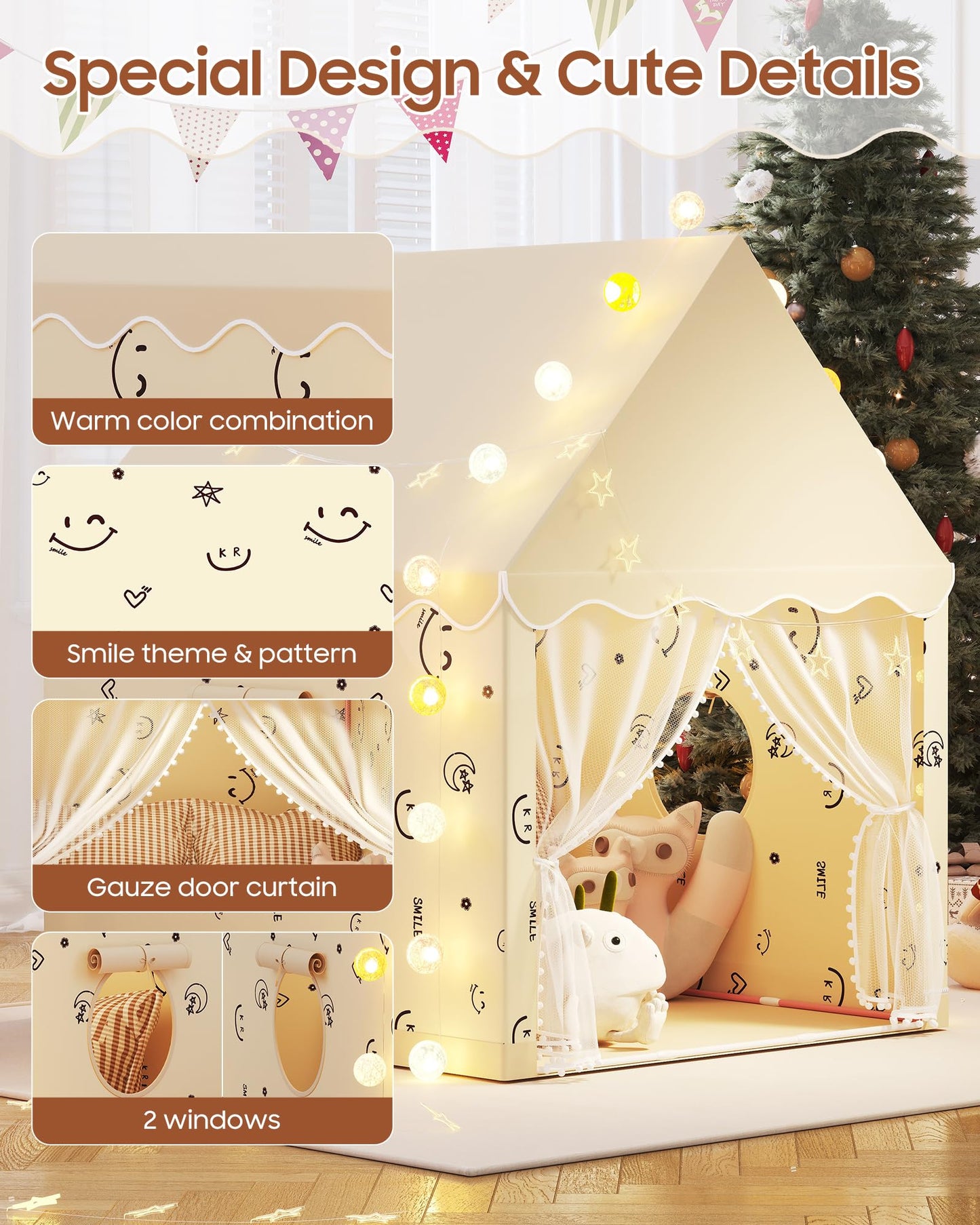 Kids Play Tent, Princess Tent Indoor Playhouse Set with Star Lights, Ball Lights, Colorful Flags, Butterflies - Pink Tents for Kids Toddle Castle for Girls Toy House Gift