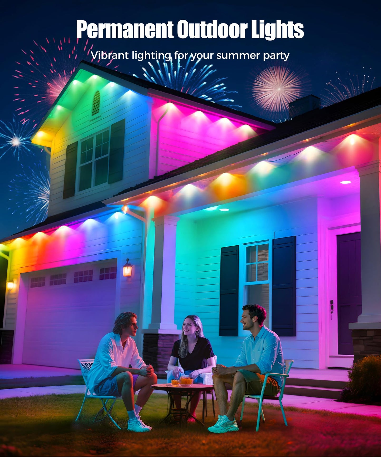 POOFZY Permanent Outdoor Lights for House,200ft RGB+IC Smart Outdoor Decor, 50 Scene Modes,App/Remote Control,IP67 Waterproof,for Christmas,Halloween,Daily & Holiday Party Decor,House Roof Lighting
