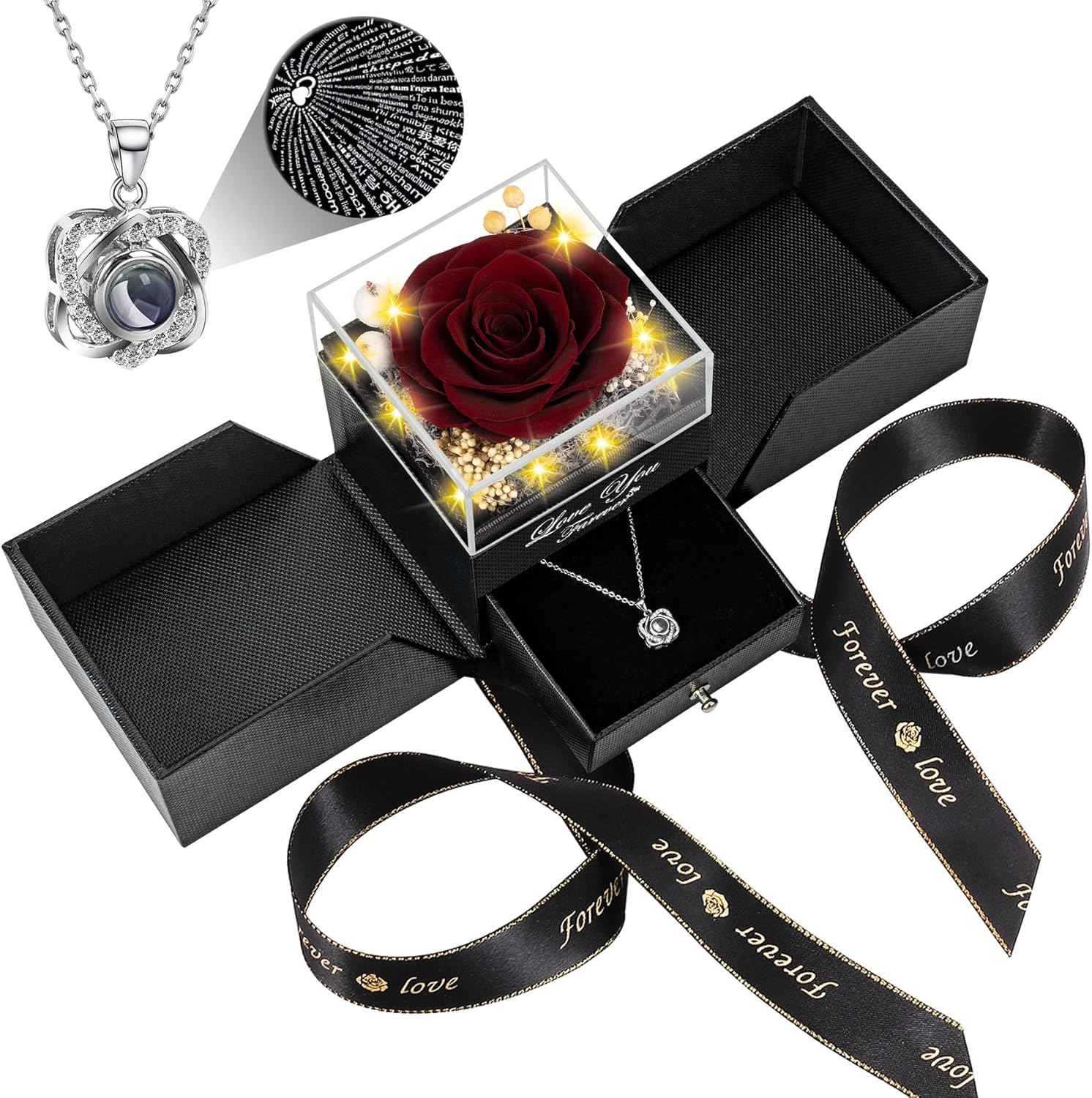 Preserved Red Real Rose with Heart I Love You Necklace -Eternal Flowers Rose Birthday Gifts for Women Her Mom Wife Girlfriend Grandma on Valentines Mothers Day Christmas Anniversary Romantic-Red