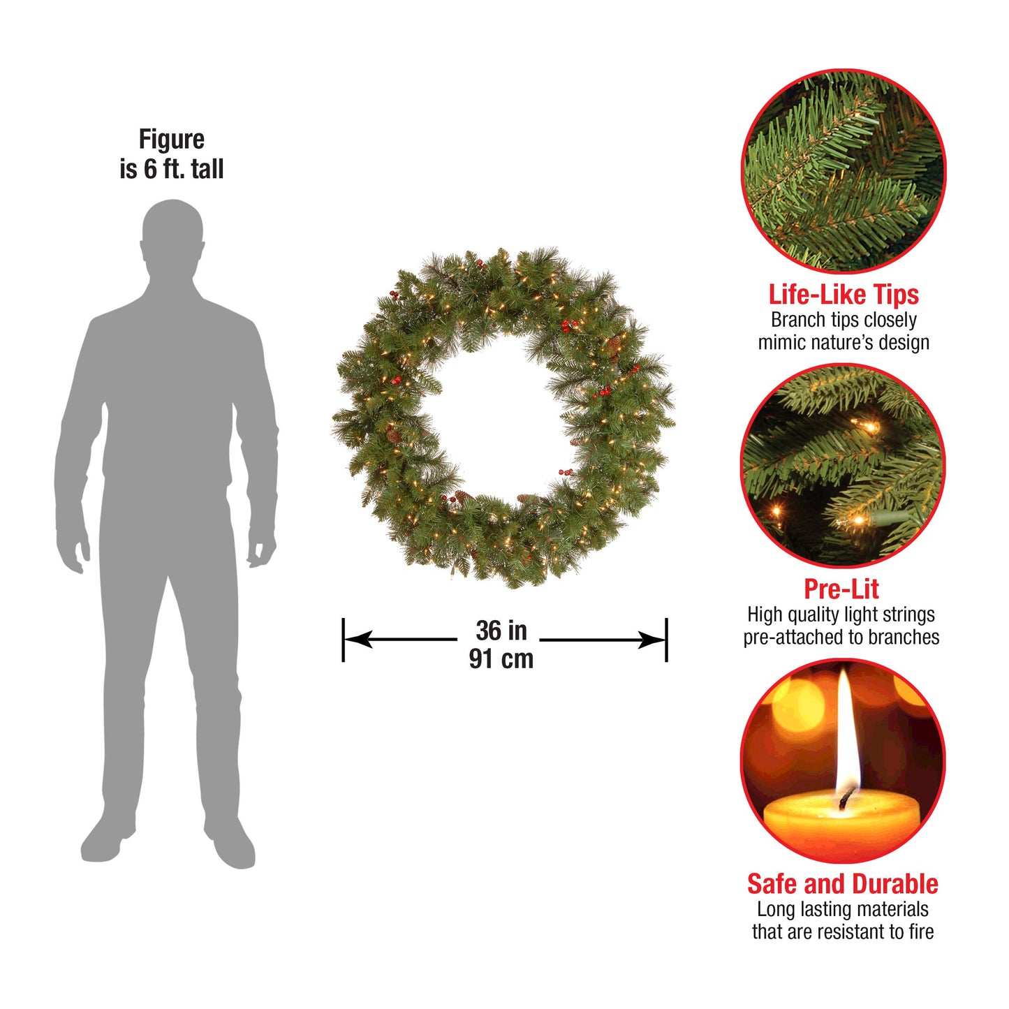 National Tree Company 24 in Pre-Lit Crestwood Spruce Artificial Christmas Wreath, Christmas Decoration with Glitter, Pinecones, Red Berries, 50 Clear LED Lights, 160 Tips, Timer, Green