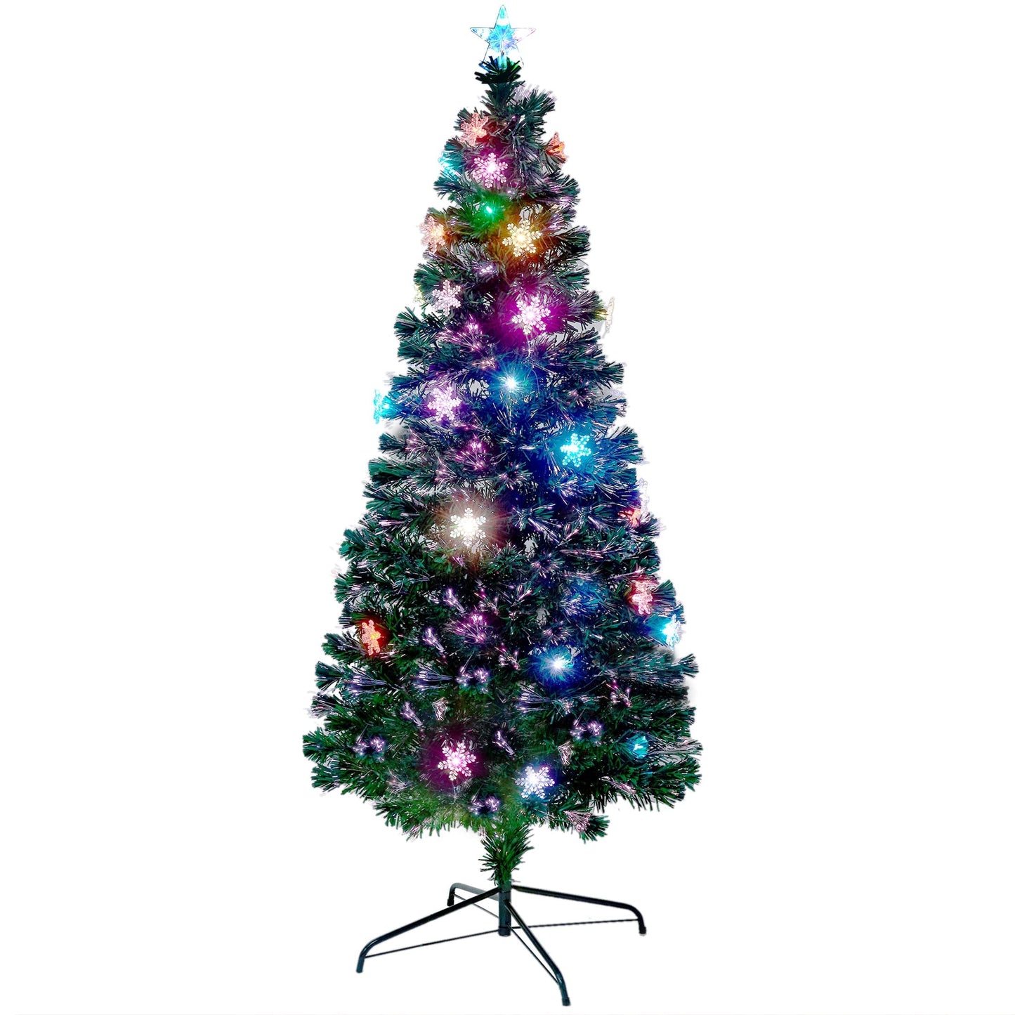 Juegoal 7 ft Pre-Lit Optical Fiber Christmas Artificial Tree, with LED RGB Color Changing Led Lights, Snowflakes and Top Star, Festive Party Holiday Fake Multicolor Xmas Tree with Sturdy Metal Legs