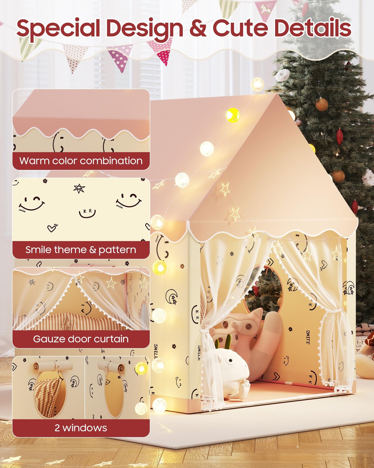 Kids Play Tent, Princess Tent Indoor Playhouse Set with Star Lights, Ball Lights, Colorful Flags, Butterflies - Pink Tents for Kids Toddle Castle for Girls Toy House Gift