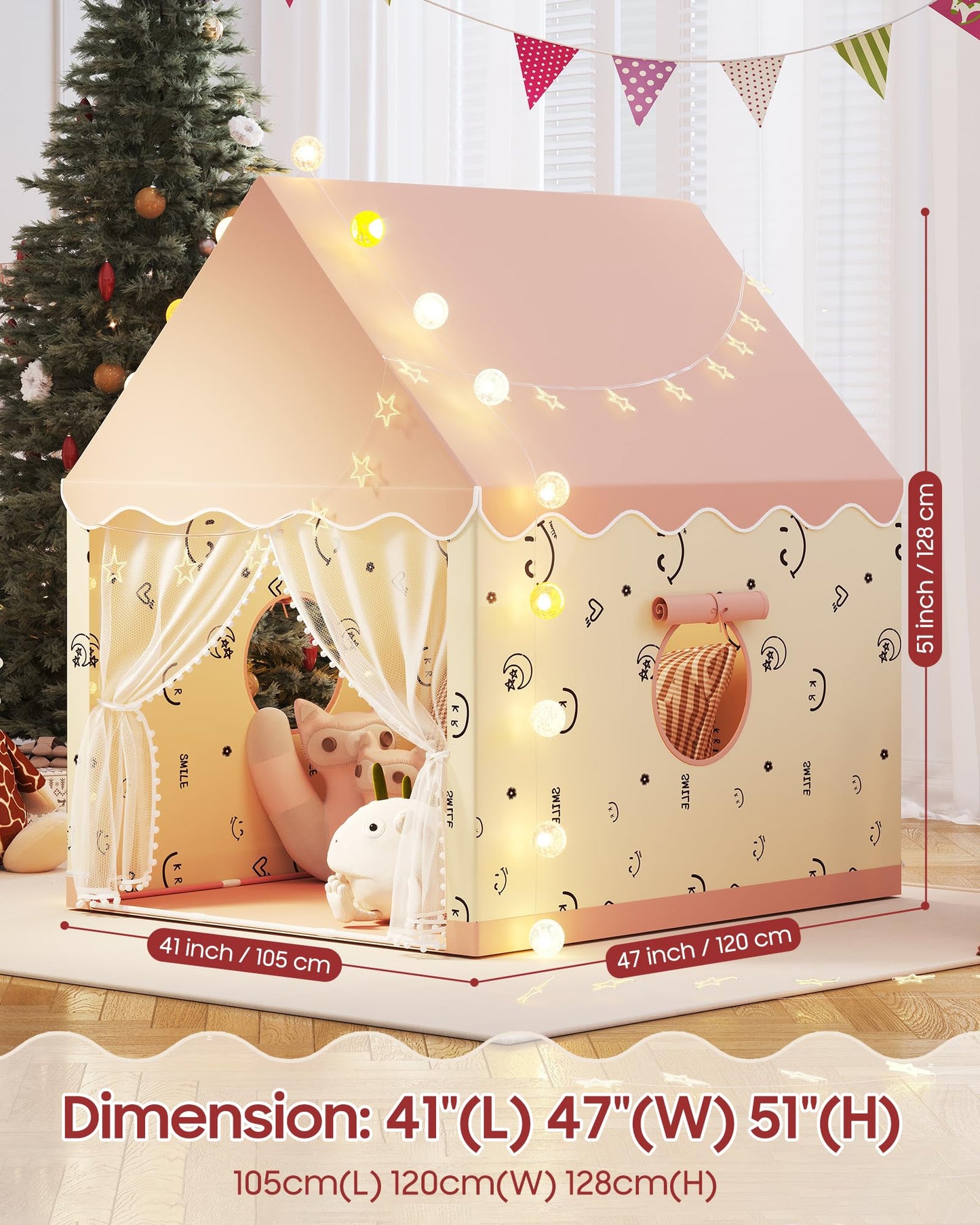 Kids Play Tent, Princess Tent Indoor Playhouse Set with Star Lights, Ball Lights, Colorful Flags, Butterflies - Pink Tents for Kids Toddle Castle for Girls Toy House Gift