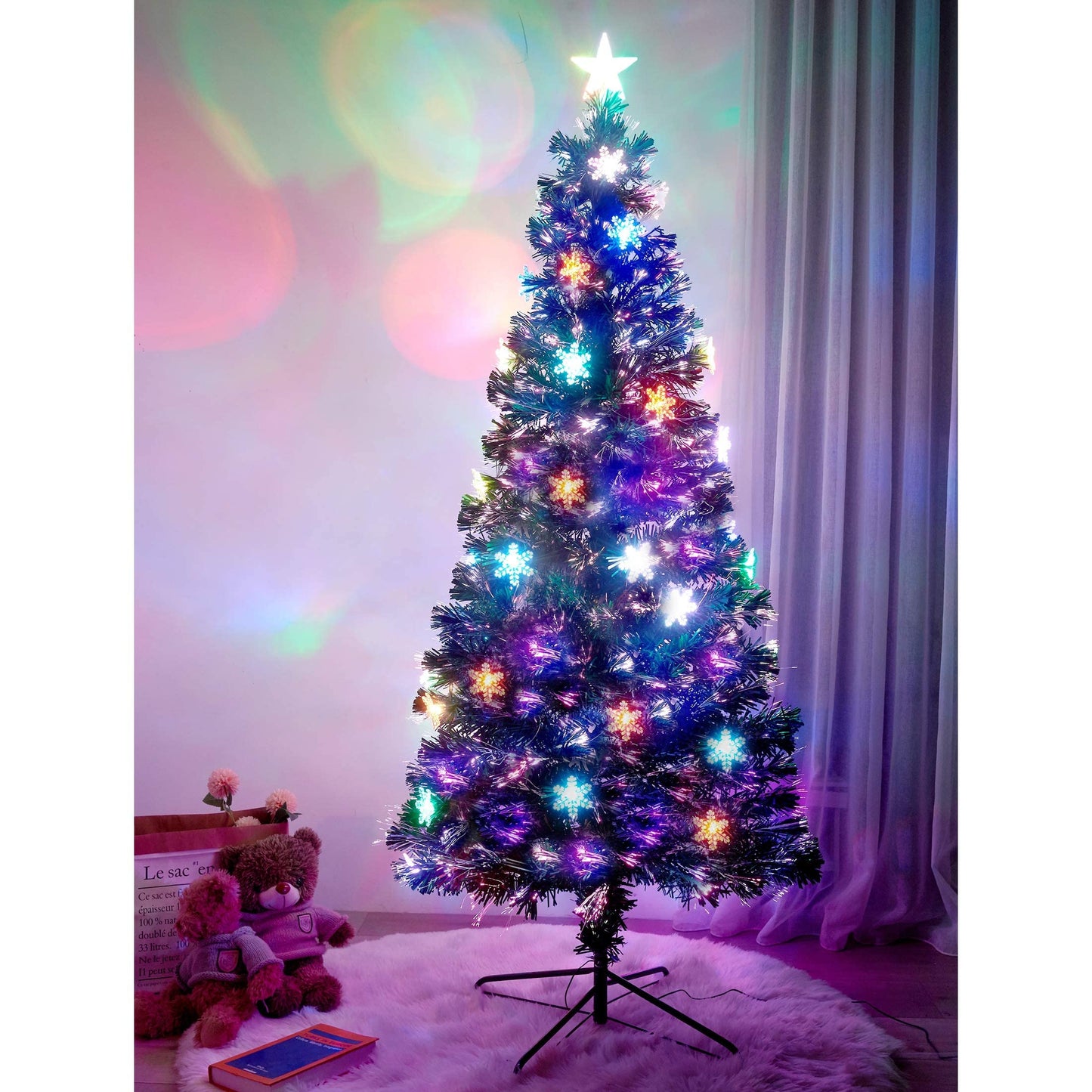 Juegoal 7 ft Pre-Lit Optical Fiber Christmas Artificial Tree, with LED RGB Color Changing Led Lights, Snowflakes and Top Star, Festive Party Holiday Fake Multicolor Xmas Tree with Sturdy Metal Legs