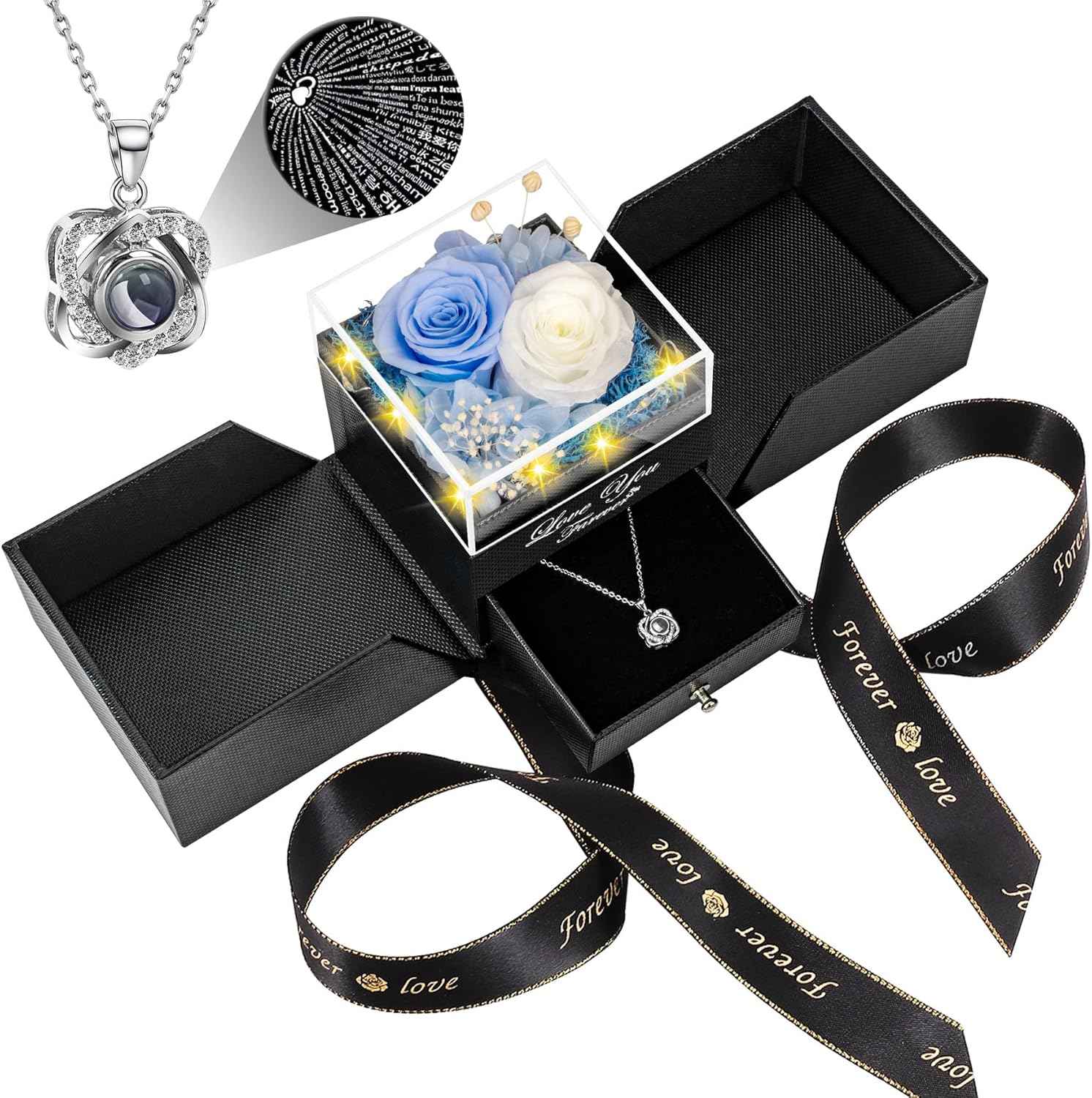 Preserved Red Real Rose with Heart I Love You Necklace -Eternal Flowers Rose Birthday Gifts for Women Her Mom Wife Girlfriend Grandma on Valentines Mothers Day Christmas Anniversary Romantic-Red