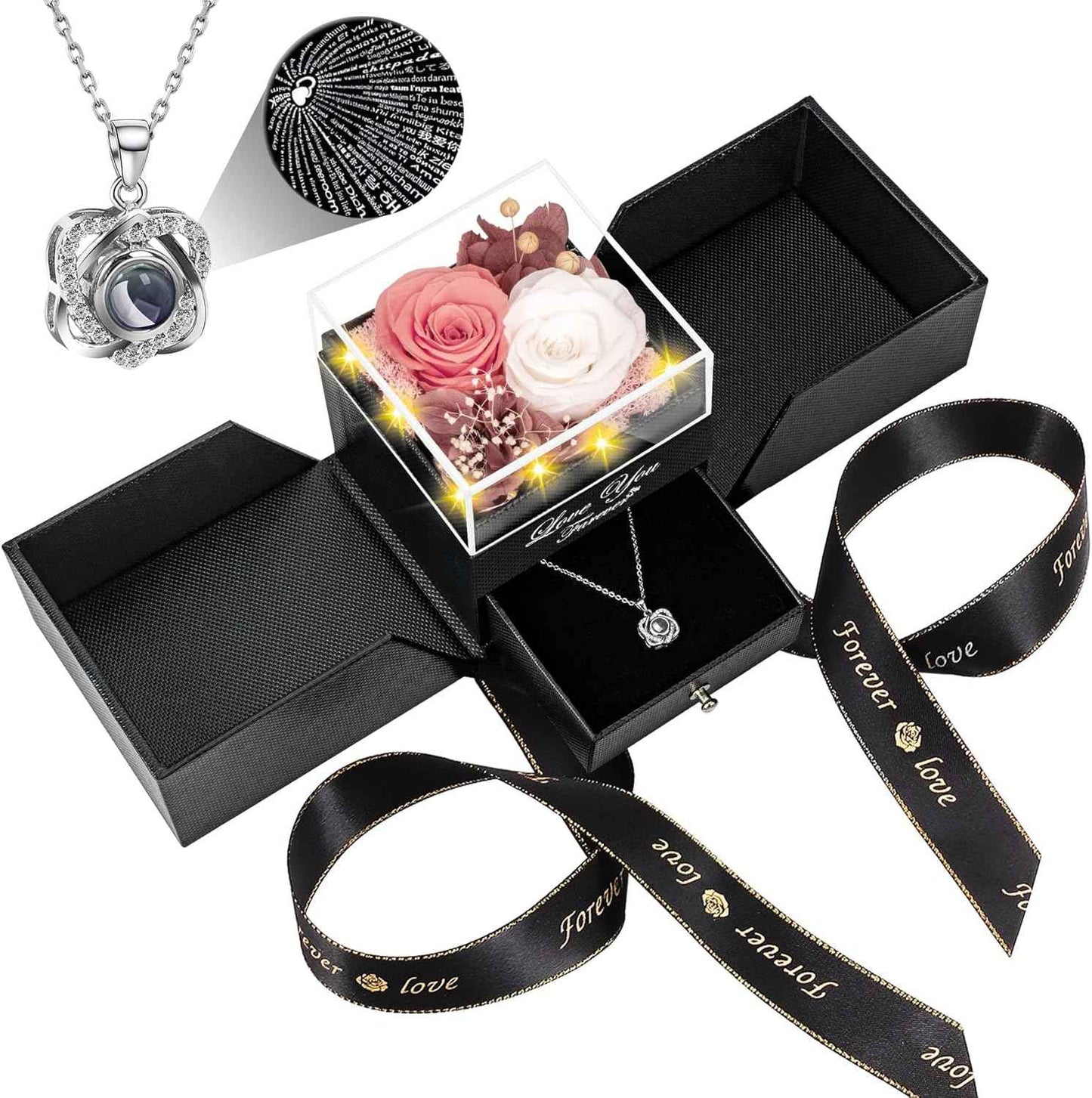 Preserved Red Real Rose with Heart I Love You Necklace -Eternal Flowers Rose Birthday Gifts for Women Her Mom Wife Girlfriend Grandma on Valentines Mothers Day Christmas Anniversary Romantic-Red