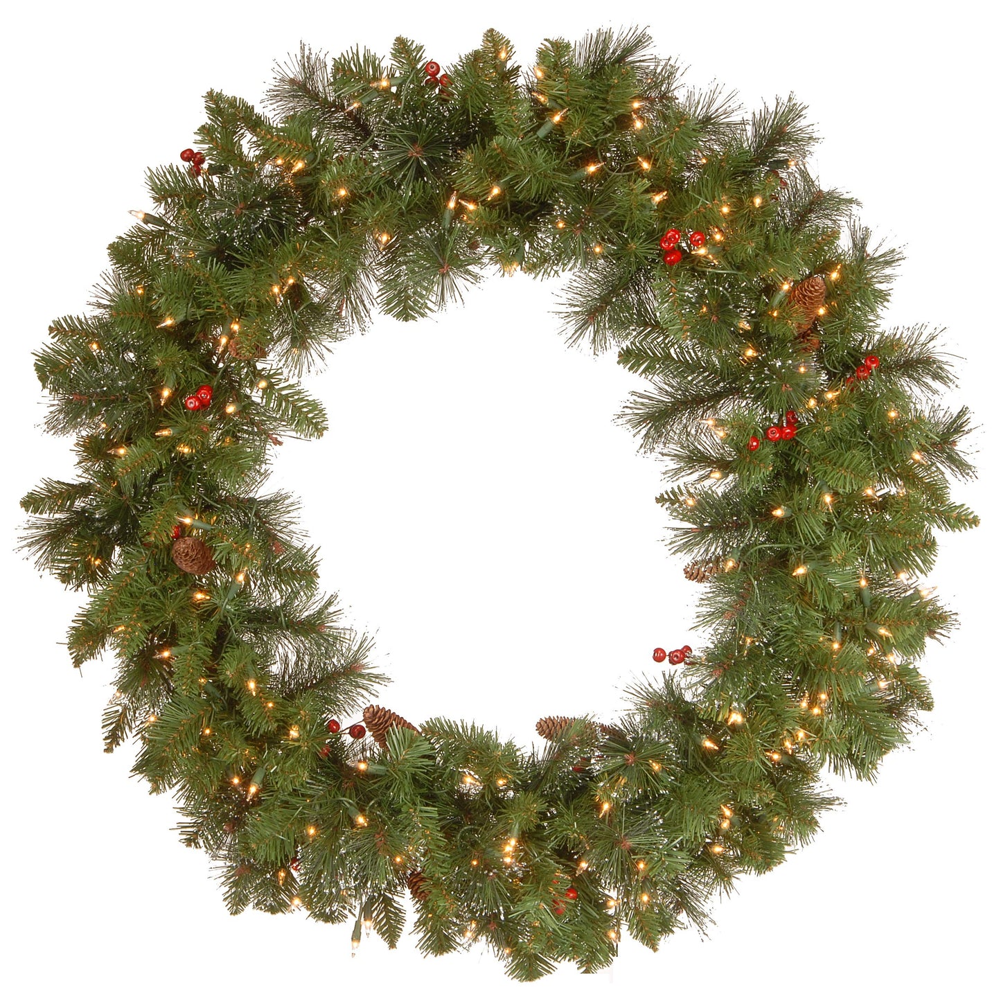 National Tree Company 24 in Pre-Lit Crestwood Spruce Artificial Christmas Wreath, Christmas Decoration with Glitter, Pinecones, Red Berries, 50 Clear LED Lights, 160 Tips, Timer, Green