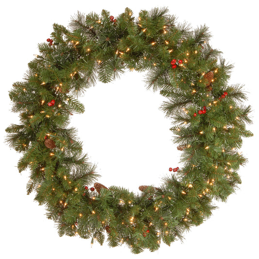 National Tree Company 24 in Pre-Lit Crestwood Spruce Artificial Christmas Wreath, Christmas Decoration with Glitter, Pinecones, Red Berries, 50 Clear LED Lights, 160 Tips, Timer, Green