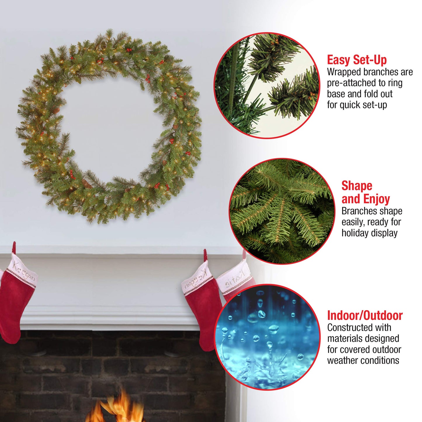 National Tree Company 24 in Pre-Lit Crestwood Spruce Artificial Christmas Wreath, Christmas Decoration with Glitter, Pinecones, Red Berries, 50 Clear LED Lights, 160 Tips, Timer, Green