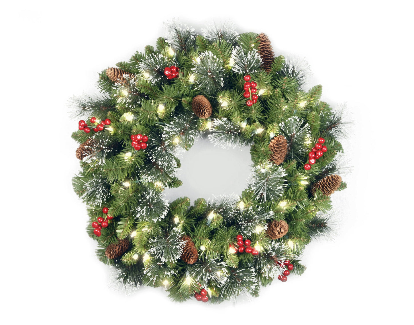 National Tree Company 24 in Pre-Lit Crestwood Spruce Artificial Christmas Wreath, Christmas Decoration with Glitter, Pinecones, Red Berries, 50 Clear LED Lights, 160 Tips, Timer, Green