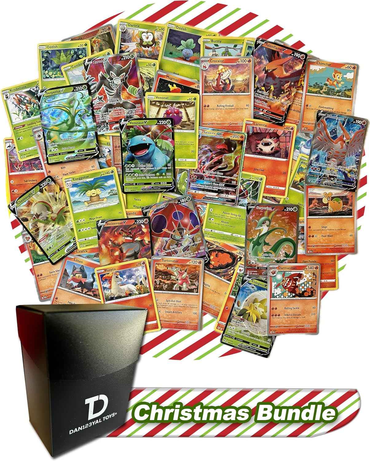 Christmas Pokémon Compatible TCG Random Assortment Bundle || Guaranteed Fire or Grass Ultra Rare + 20 Random Fire Or Grass Cards + Dan123yal Deck Box