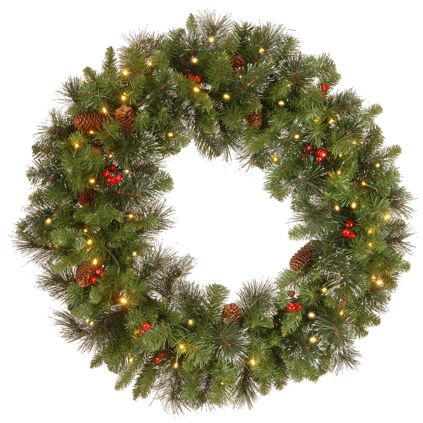 National Tree Company 24 in Pre-Lit Crestwood Spruce Artificial Christmas Wreath, Christmas Decoration with Glitter, Pinecones, Red Berries, 50 Clear LED Lights, 160 Tips, Timer, Green