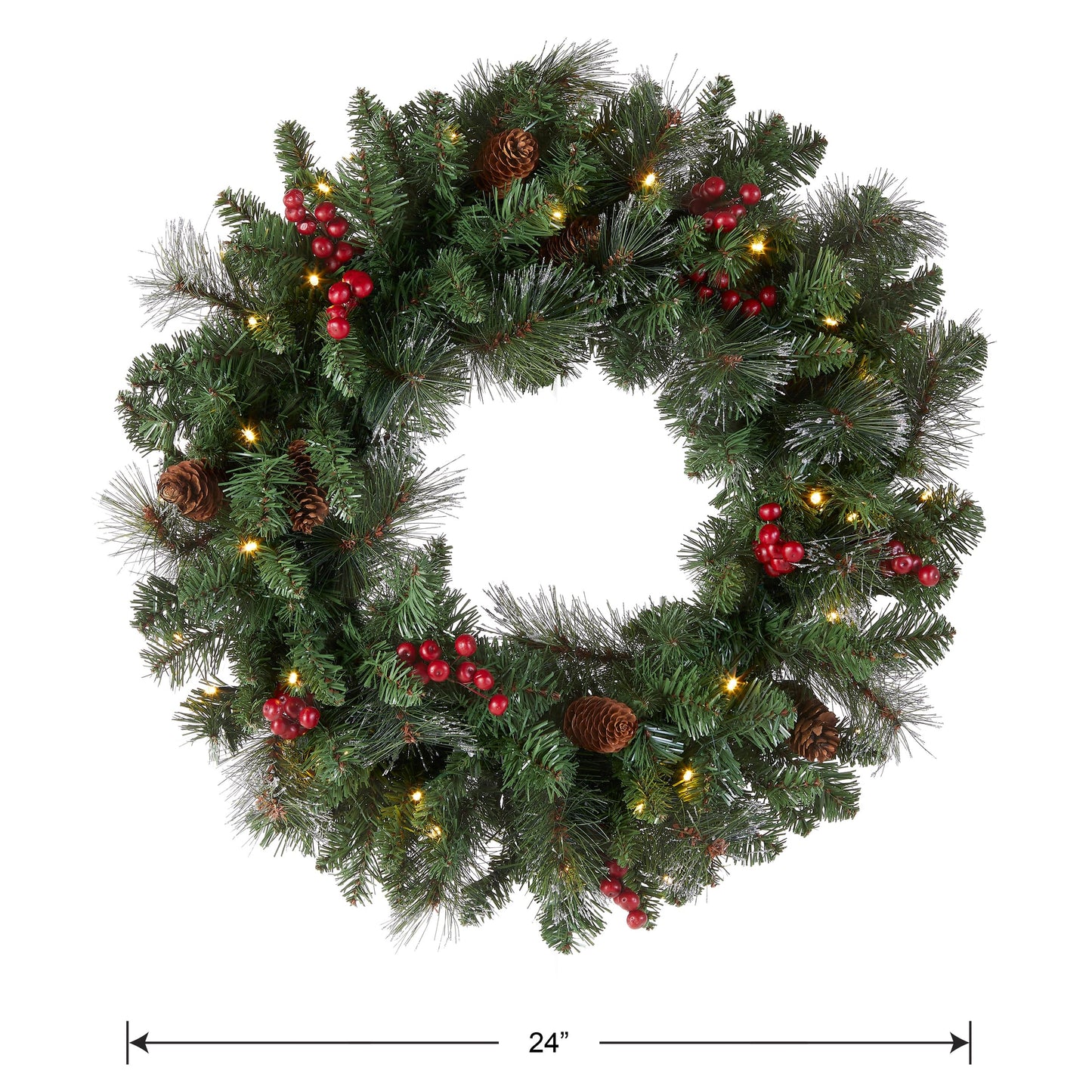 National Tree Company 24 in Pre-Lit Crestwood Spruce Artificial Christmas Wreath, Christmas Decoration with Glitter, Pinecones, Red Berries, 50 Clear LED Lights, 160 Tips, Timer, Green