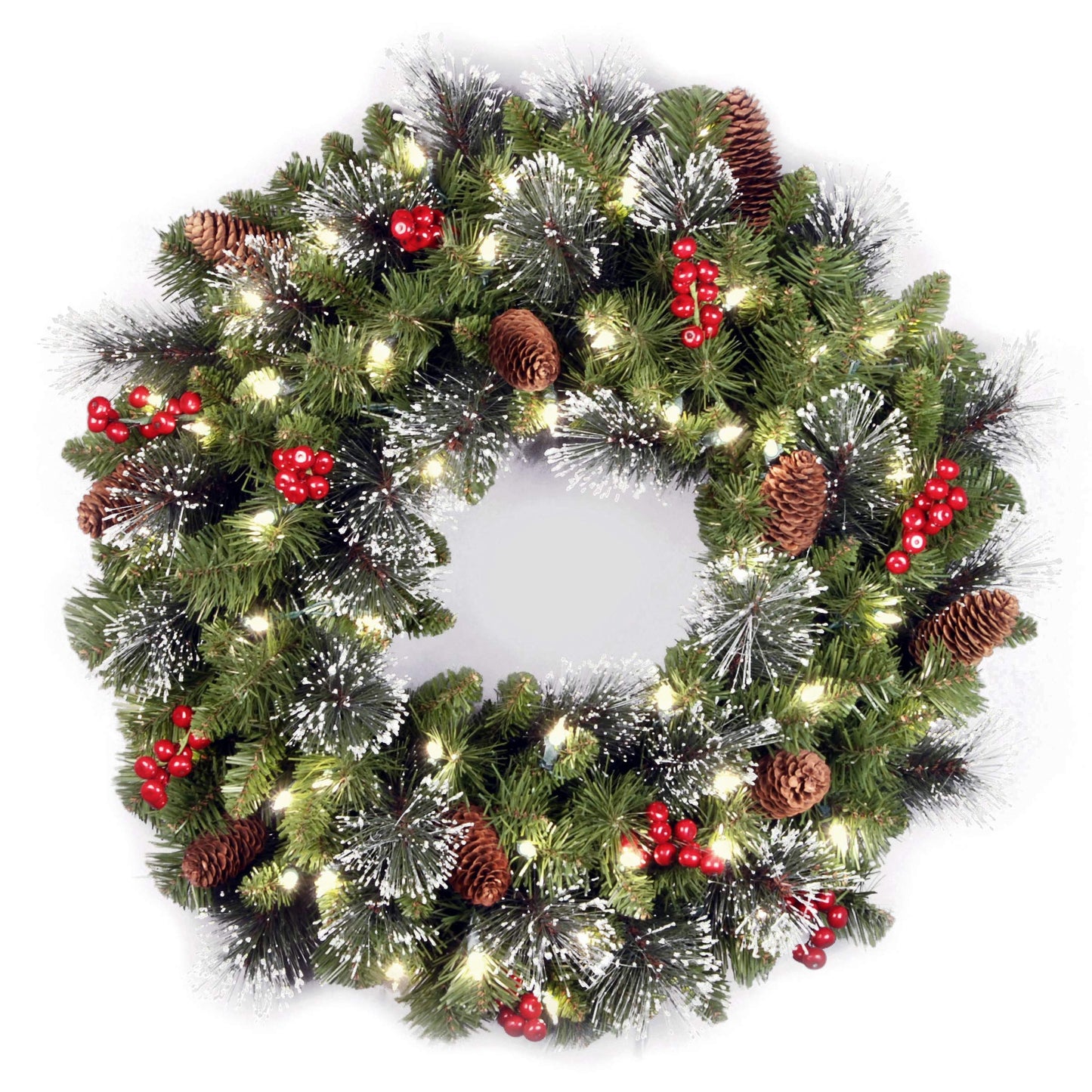 National Tree Company 24 in Pre-Lit Crestwood Spruce Artificial Christmas Wreath, Christmas Decoration with Glitter, Pinecones, Red Berries, 50 Clear LED Lights, 160 Tips, Timer, Green