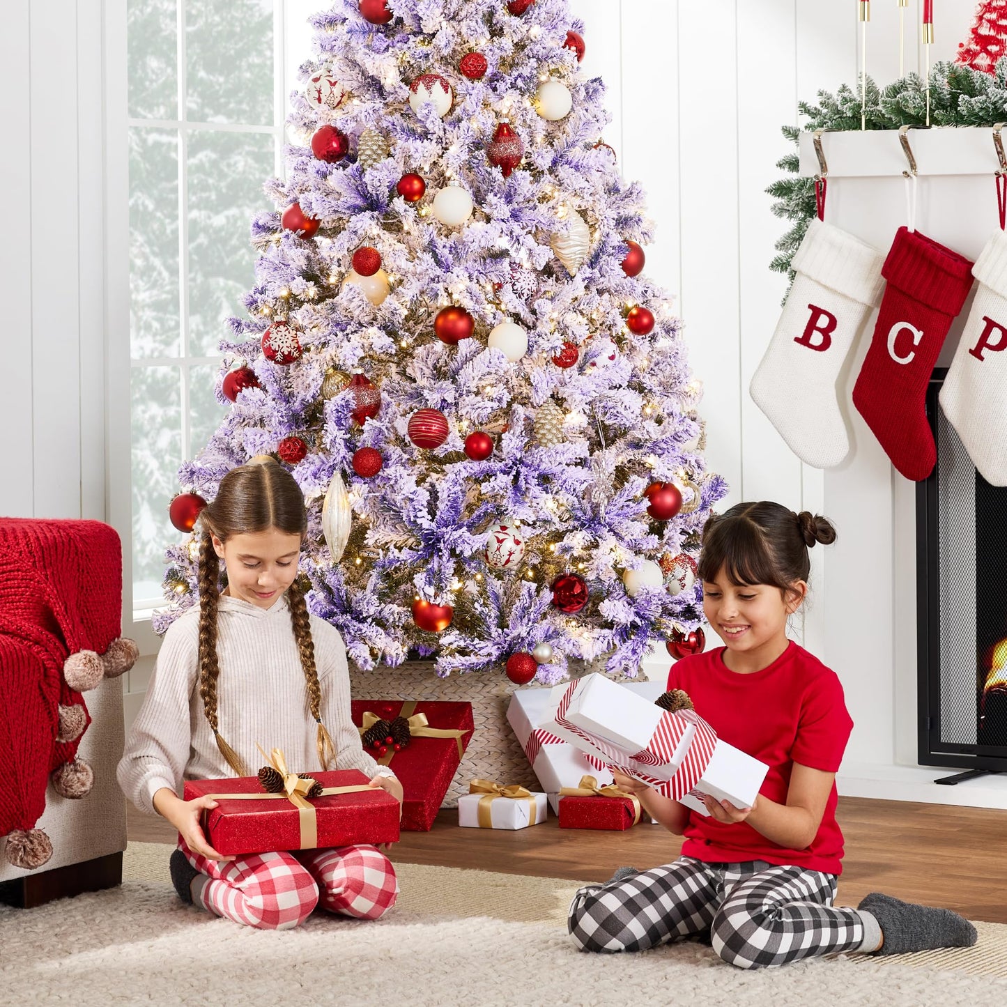 Best Choice Products Pre-Lit Artificial Christmas Tree, 9ft Snow Flocked Design Pine Tree, Full Appearance Snowy w/Easy Assembly, Metal Stand