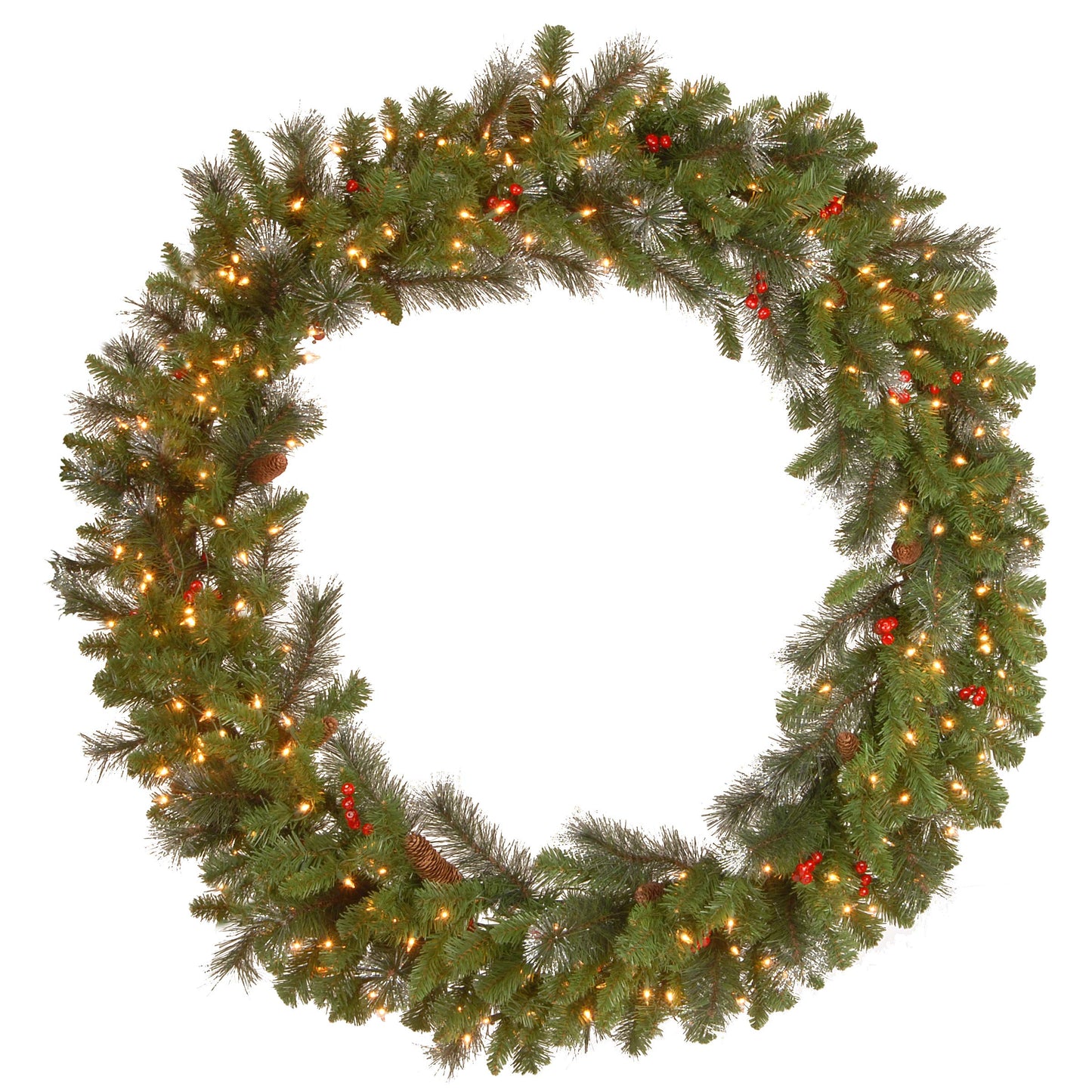 National Tree Company 24 in Pre-Lit Crestwood Spruce Artificial Christmas Wreath, Christmas Decoration with Glitter, Pinecones, Red Berries, 50 Clear LED Lights, 160 Tips, Timer, Green