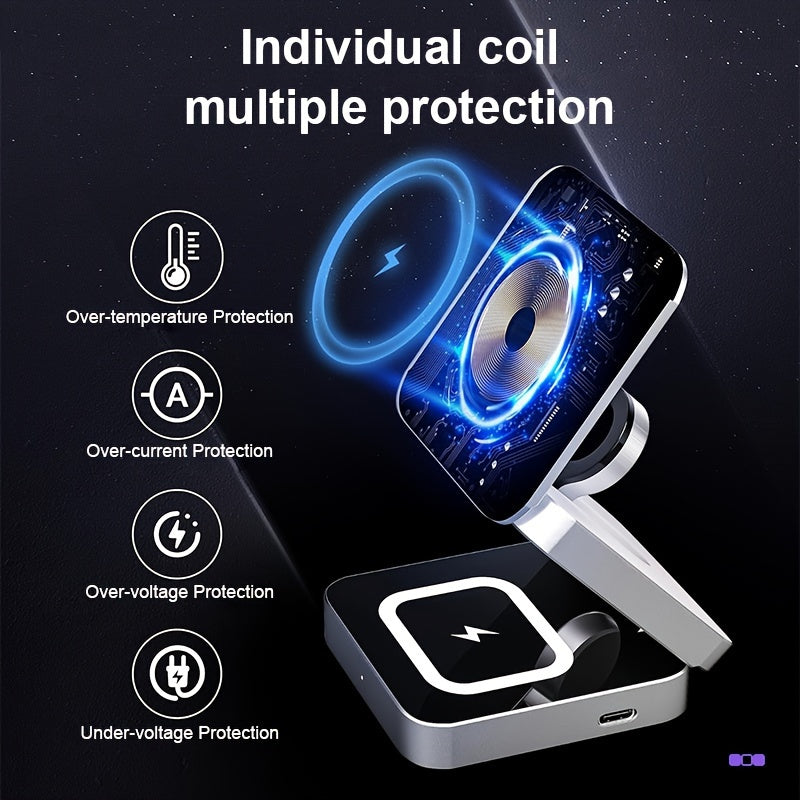 15W Triple Charging Station - Space-Saving Folding Wireless Charger with Magnetic Suction, Plug and Play, Charges Mobile Phone, Earphone, and Watch Simultaneously - Type-C Input, Fast and Convenient Charging