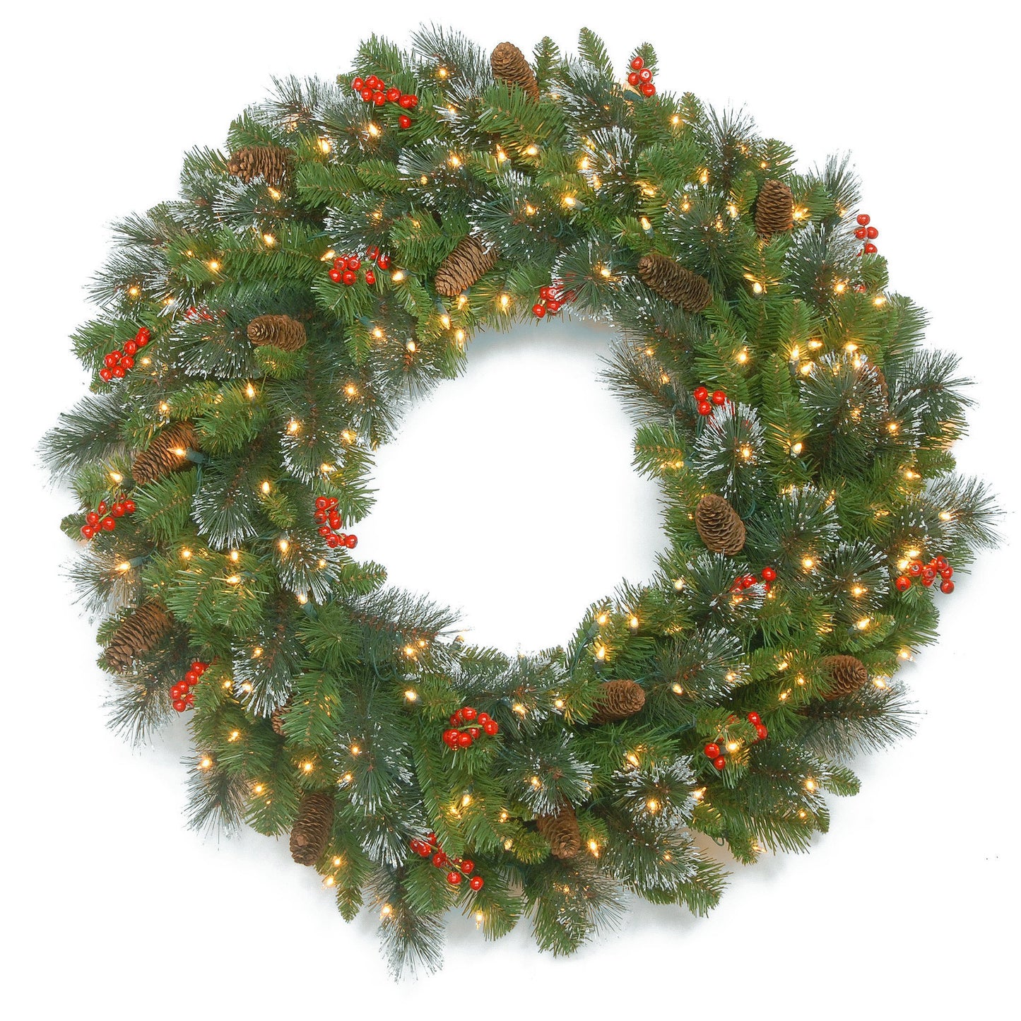 National Tree Company 24 in Pre-Lit Crestwood Spruce Artificial Christmas Wreath, Christmas Decoration with Glitter, Pinecones, Red Berries, 50 Clear LED Lights, 160 Tips, Timer, Green