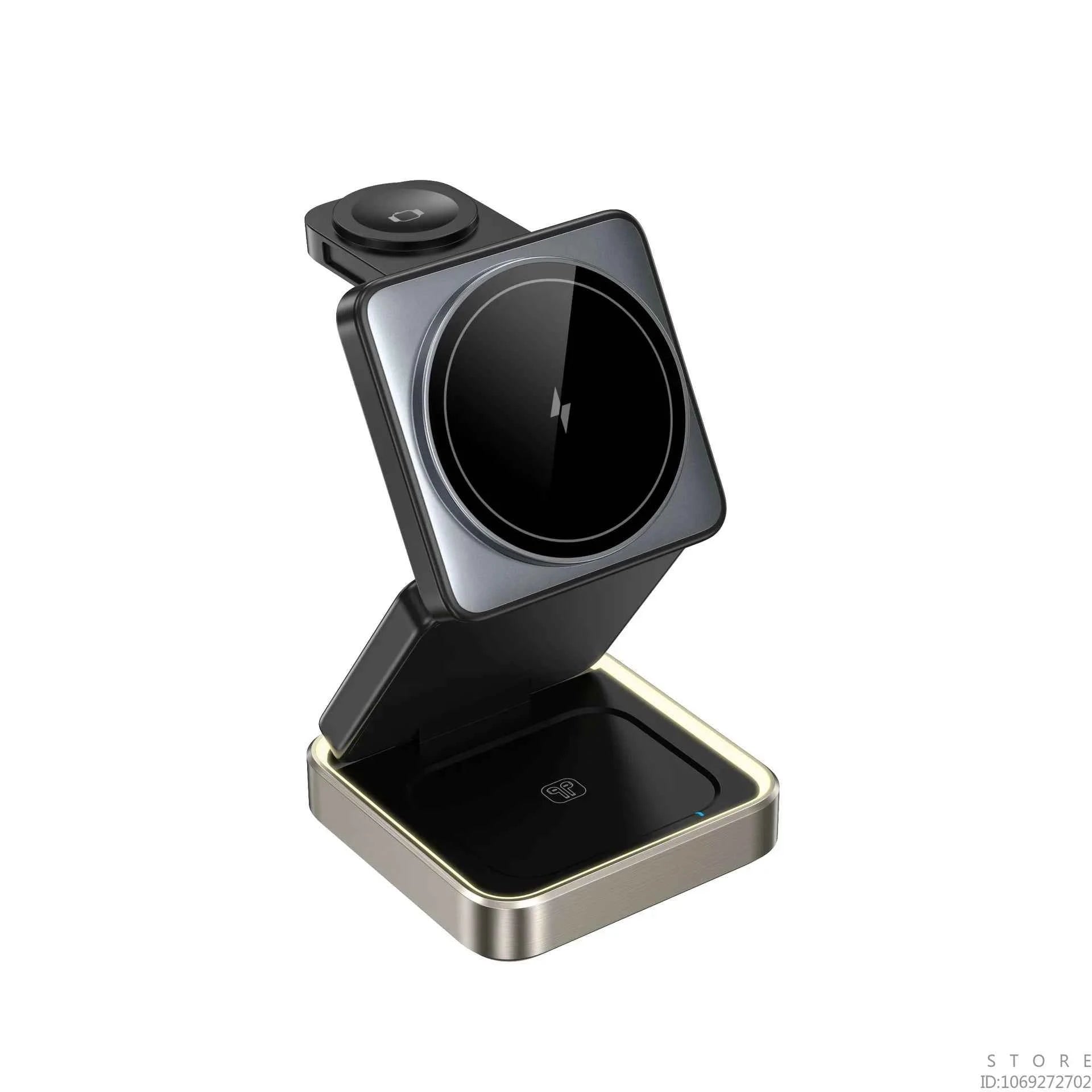 3 in 1 Wireless Magnetic Charger Metal Base with Foldable Design,with Ambient Light for Iphone,earphone,Watch 3 Devices Charger