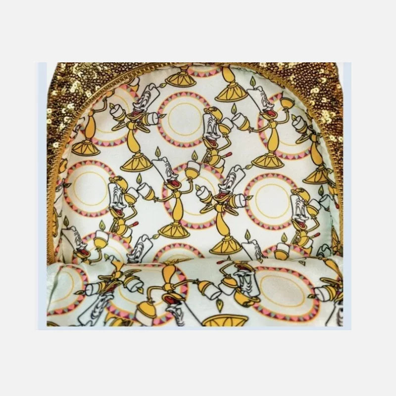 2024 New Hot  Loungefly Disney Beauty And The Beast Lumiere Sequin Mini Backpack Girl Gift Shoulder Bag Purse Cute Cartoon Girl'