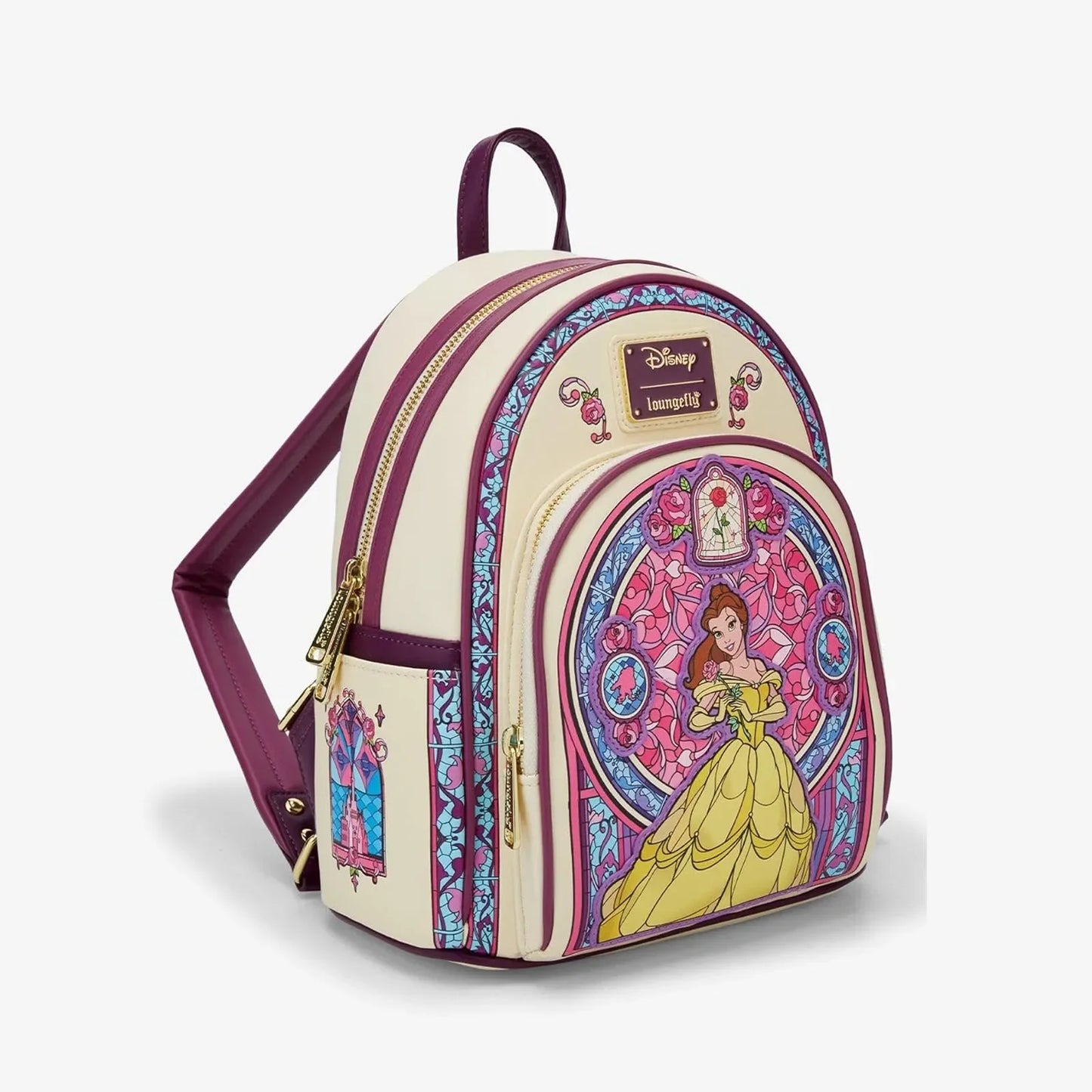 New Loungefly Disney Beauty and The Beast Belle Stained Glass Portrait Mini Backpack Wallet