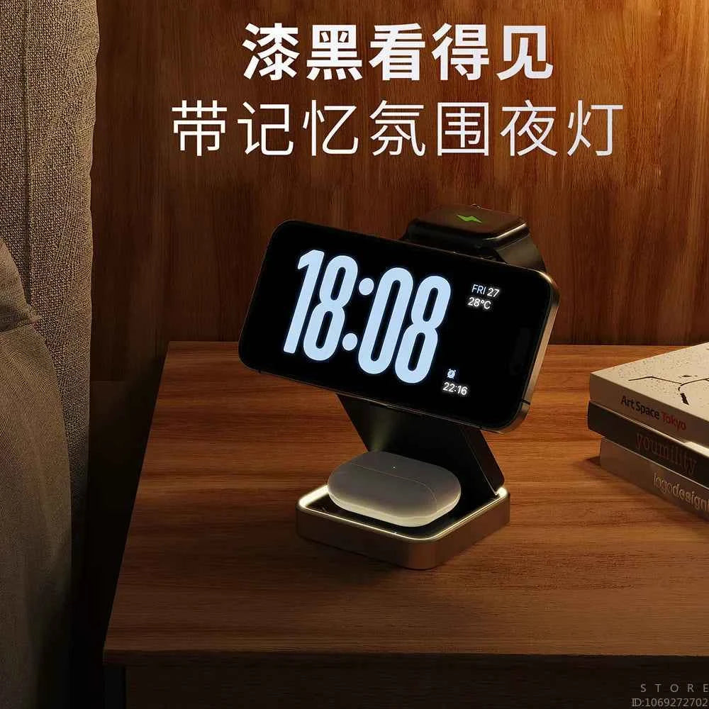 3 in 1 Wireless Magnetic Charger Metal Base with Foldable Design,with Ambient Light for Iphone,earphone,Watch 3 Devices Charger