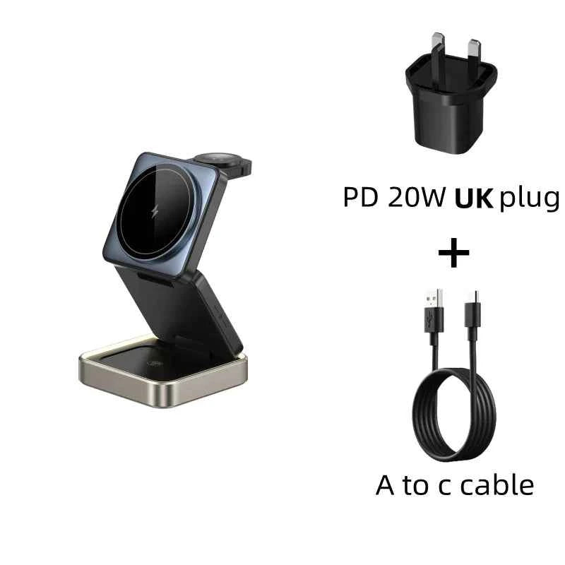 3 in 1 Wireless Magnetic Charger Metal Base with Foldable Design,with Ambient Light for Iphone,earphone,Watch 3 Devices Charger