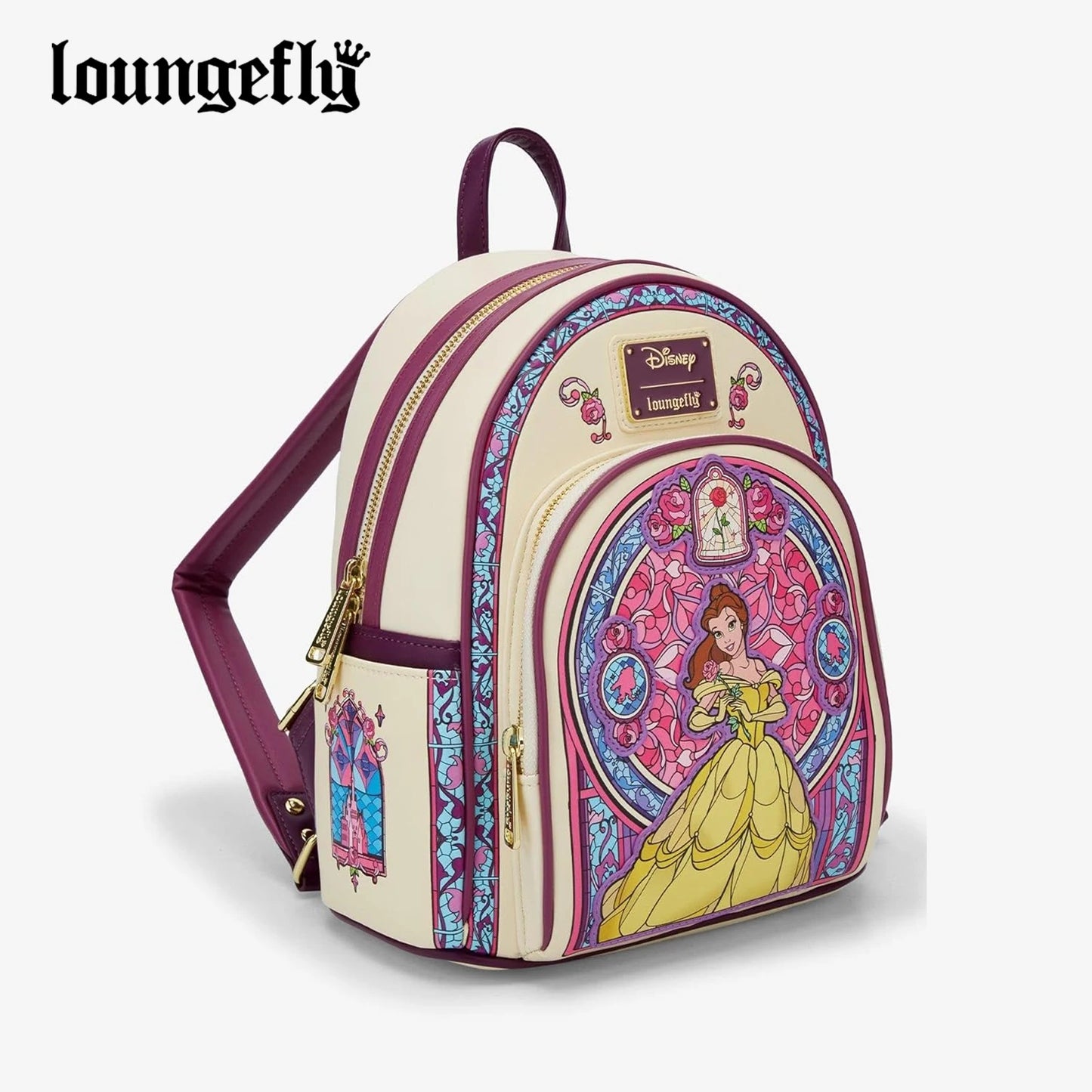 New Loungefly Disney Beauty and The Beast Belle Stained Glass Portrait Mini Backpack Wallet