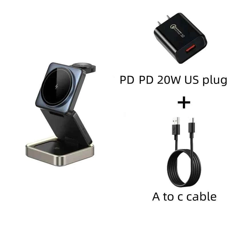 3 in 1 Wireless Magnetic Charger Metal Base with Foldable Design,with Ambient Light for Iphone,earphone,Watch 3 Devices Charger